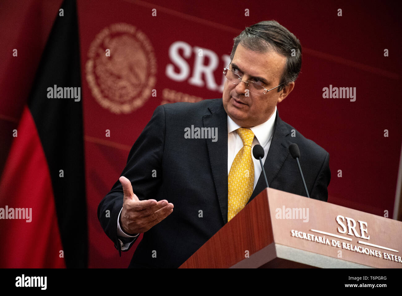 Mexico City, Mexique. 09Th Mai, 2019. Marcelo Ebrard, Ministre des affaires étrangères du Mexique, donne une conférence de presse au ministère des Affaires étrangères dans la capitale mexicaine. La Maas voyage en Amérique latine est le prélude à une offensive politique et économique pour renforcer les relations avec le continent. Credit : Fabian Sommer/dpa/Alamy Live News Banque D'Images