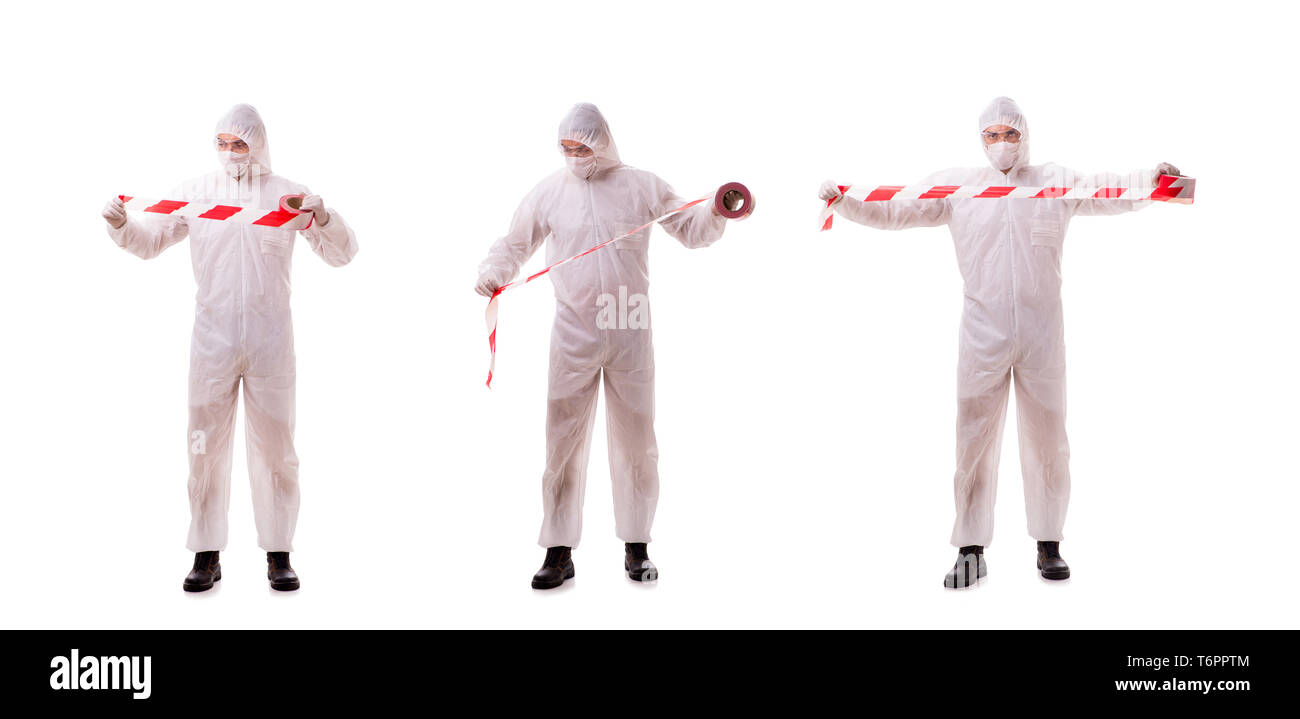 Spécialiste de médecine légale in protective suit isolated on white Banque D'Images