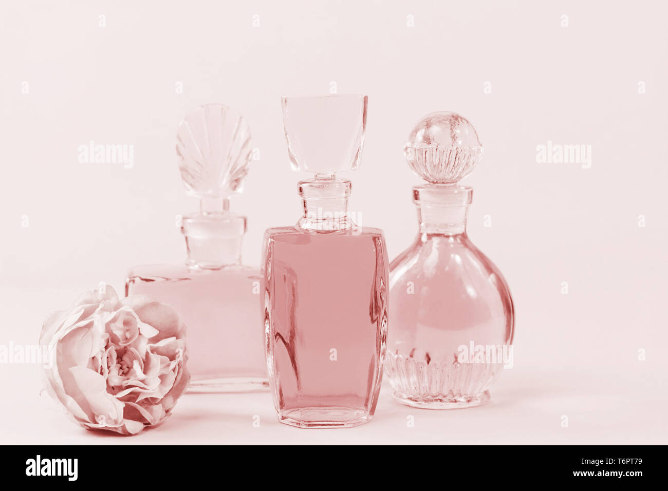 Trois bouteilles en verre vintage parfum, image couleurs rose teinté Banque D'Images
