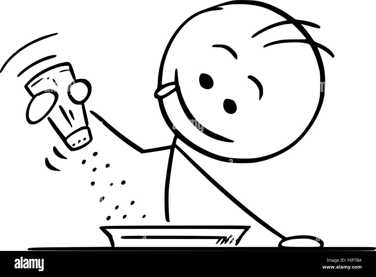 Cartoon stick figure dessin illustration conceptuelle de l'heureux homme affamé holding salière et utiliser le poivre, sel ou d'épices sur la nourriture ou de la soupe. Illustration de Vecteur