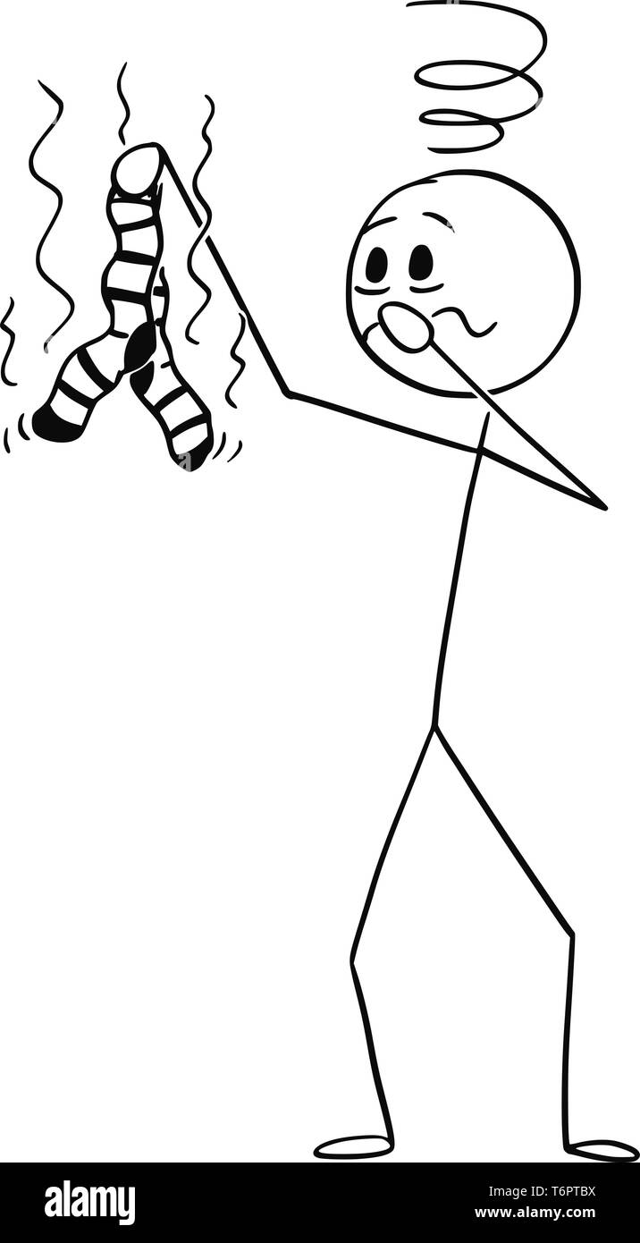 Cartoon stick figure dessin illustration conceptuelle de l'homme détenant ou malodorant puantes puantes, paire de chaussettes sales et se sent malade à cause de l'odeur. Illustration de Vecteur