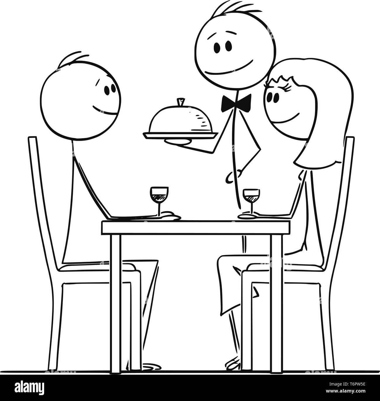Cartoon stick figure dessin illustration conceptuelle du couple amoureux de l'homme et de la femme assise derrière le tableau en restaurant et regardant waiter serving food. Illustration de Vecteur