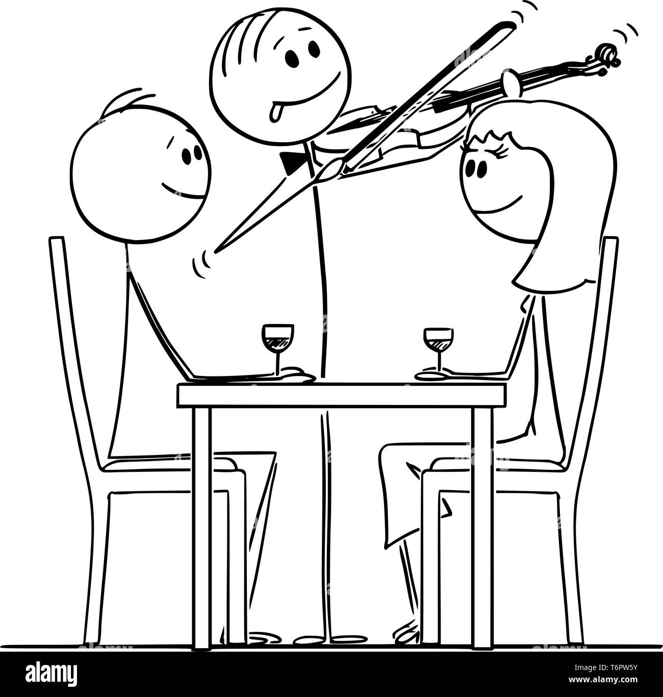 Cartoon stick figure dessin illustration conceptuelle du couple amoureux de l'homme et de la femme assise derrière le tableau dans restaurantwhile est violoniste jouant la musique romantique. Illustration de Vecteur