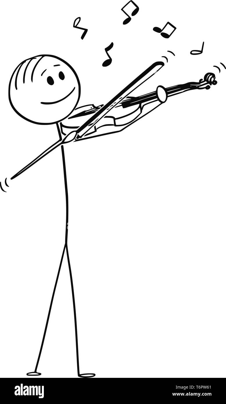 Cartoon stick figure dessin illustration conceptuelle du violoniste musicien jouant de la musique au violon. Des notes de musique viennent de l'instrument. Illustration de Vecteur