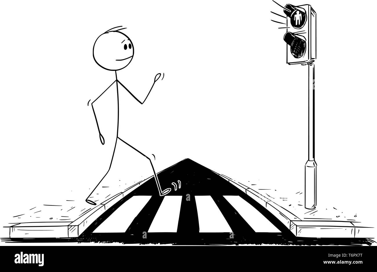 Cartoon stick figure dessin illustration conceptuelle de l'homme marche sur concordance ou passage piétons ignorant que le voyant rouge est allumé sur les feux. Illustration de Vecteur