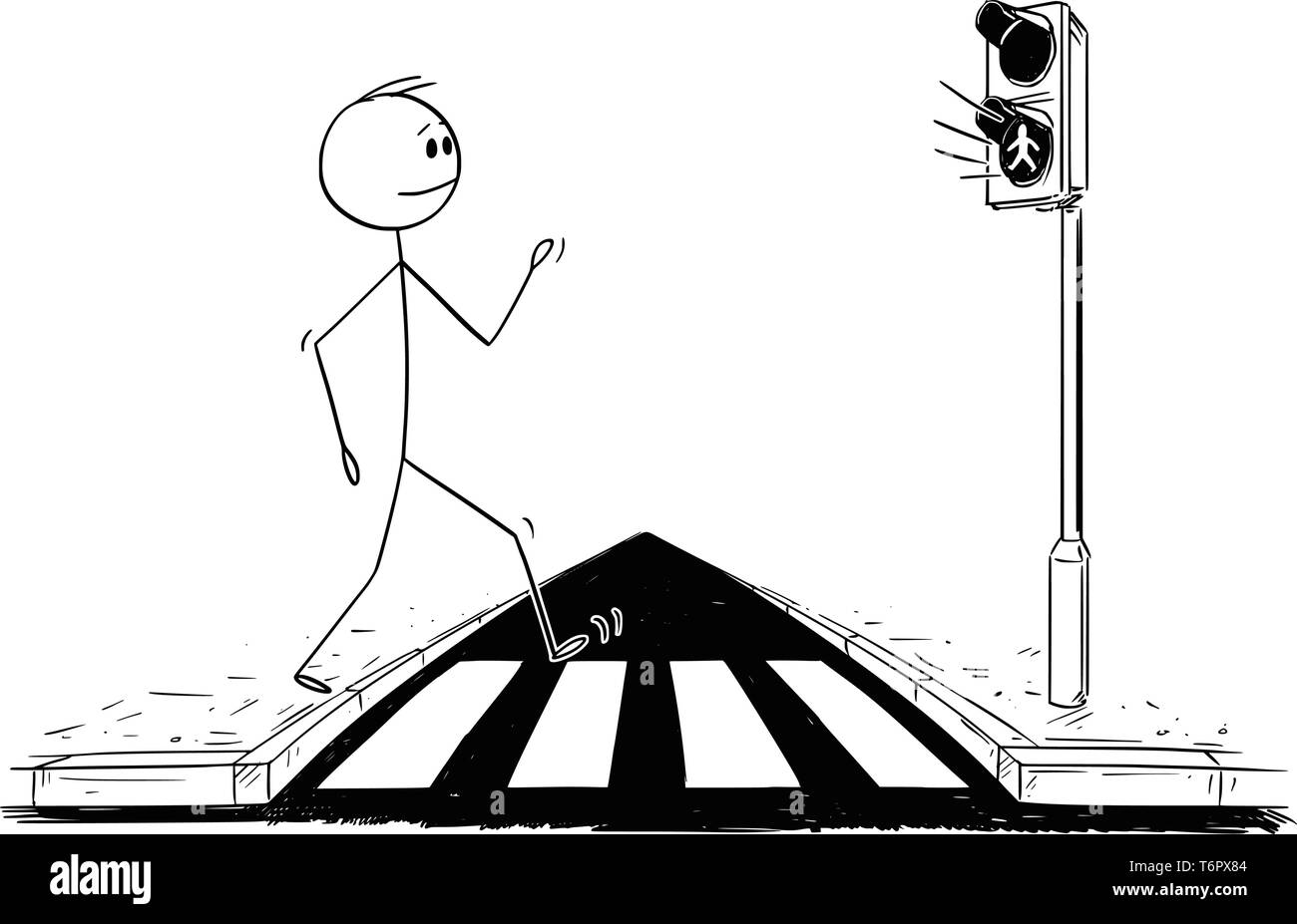 Cartoon stick figure dessin illustration conceptuelle de l'homme marche sur concordance ou de passage de piétons tout en lumière verte s'allume sur les feux. Illustration de Vecteur