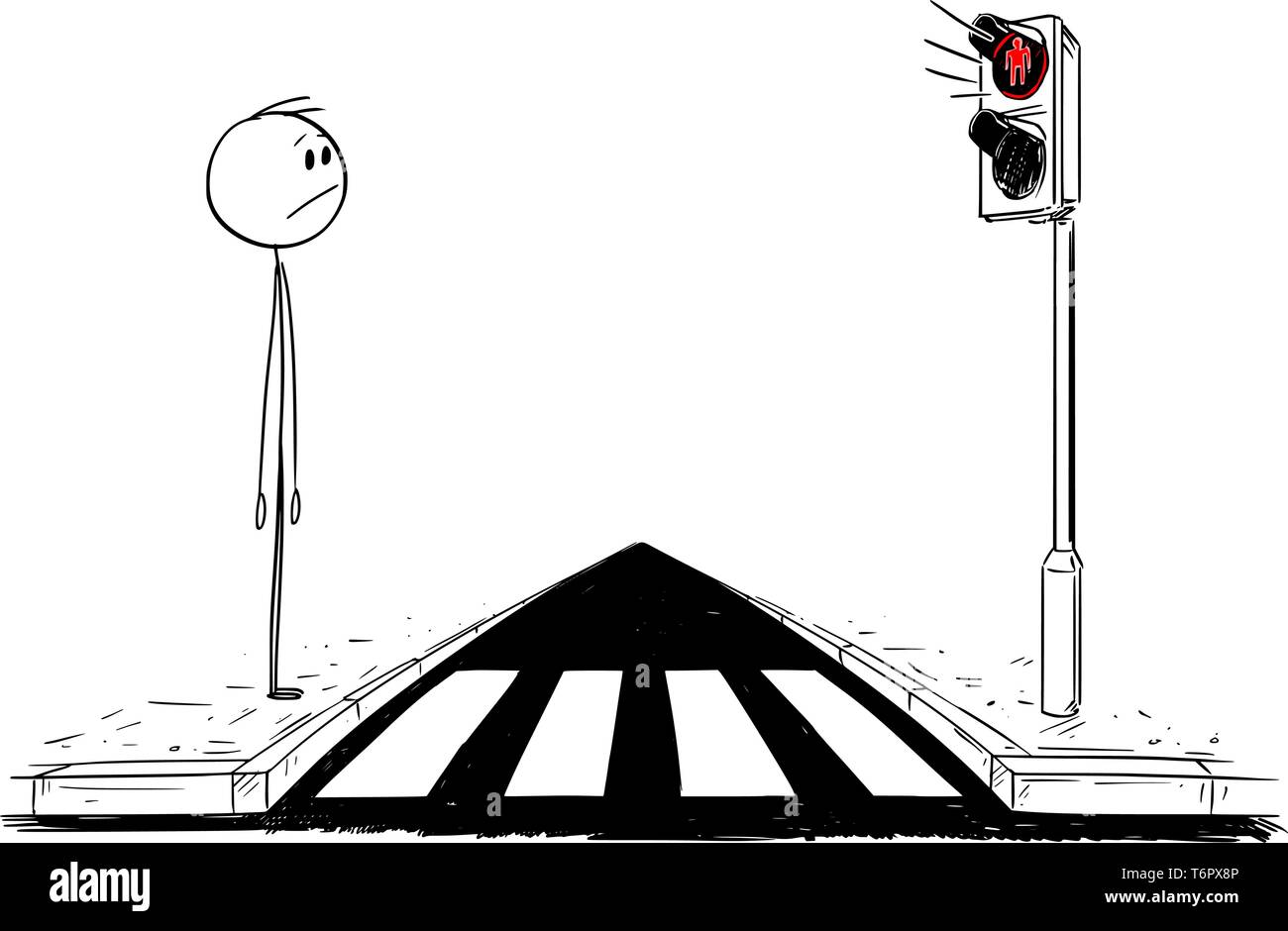 Cartoon stick figure dessin illustration conceptuelle de l'homme sur l'attente ou de passage de piétons pour feu vert sur les feux.Le voyant rouge est allumé. Illustration de Vecteur