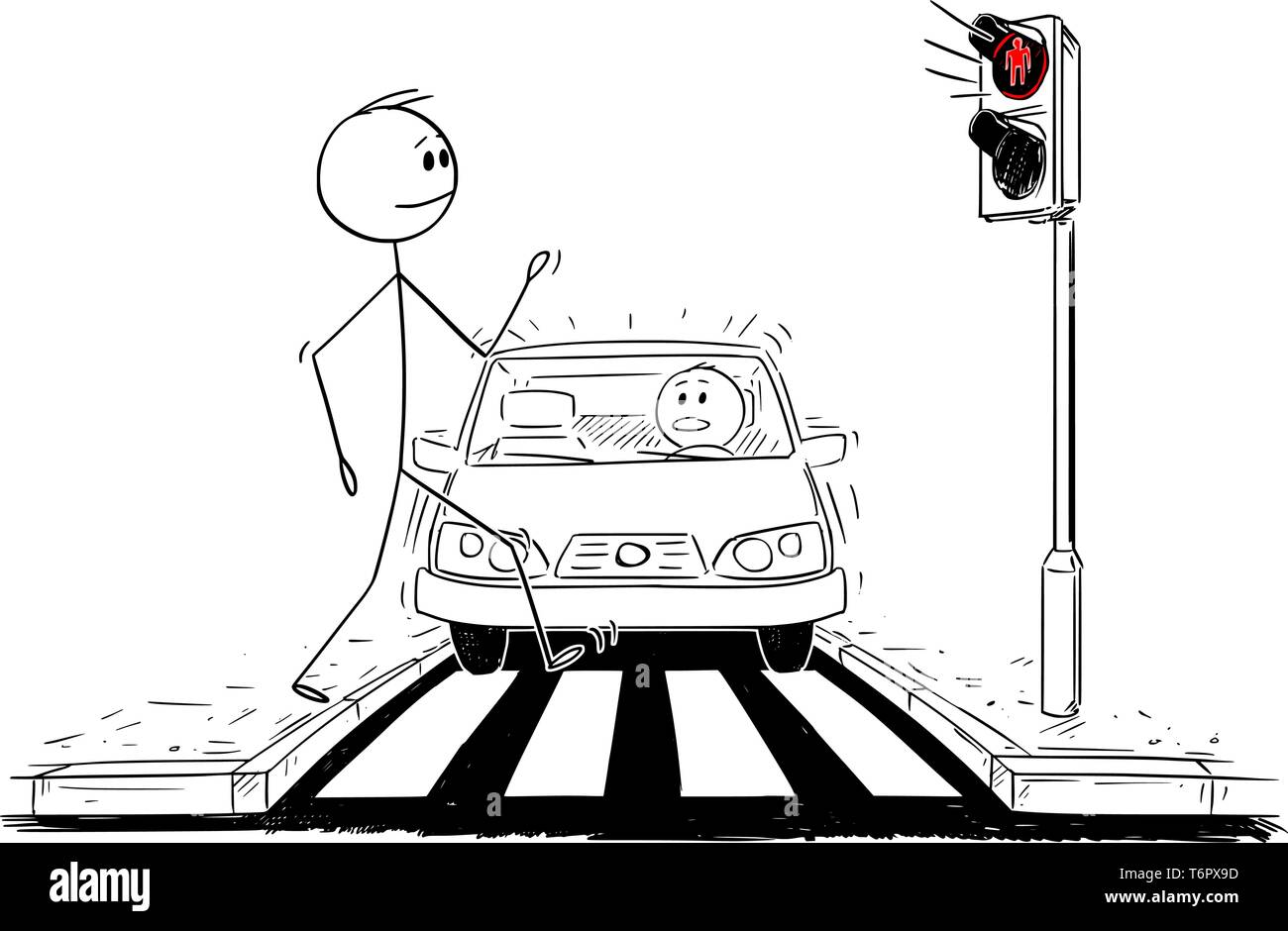Cartoon stick figure dessin illustration conceptuelle de l'homme marche sur concordance ou passage piétons ignorant que le voyant rouge est allumé sur feux de voiture et se rapproche. Illustration de Vecteur