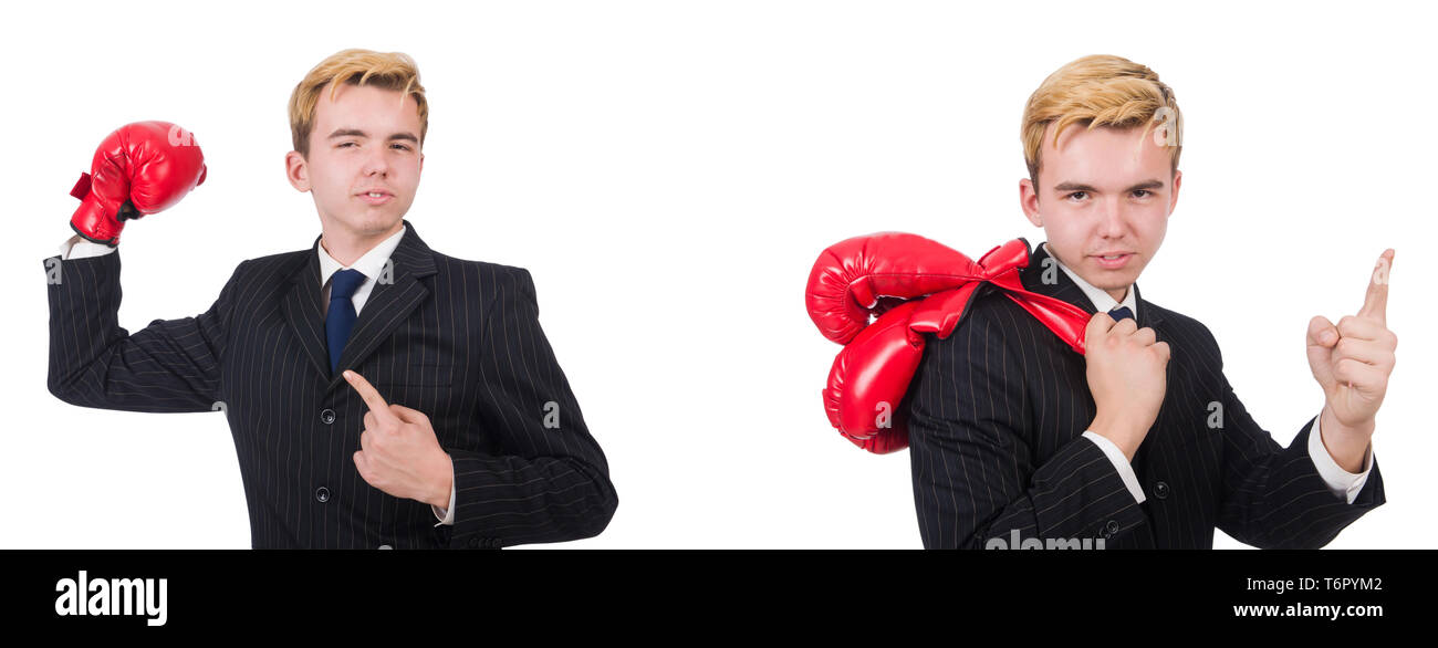 Jeune employé avec des gants de boxe isolated on white Banque D'Images