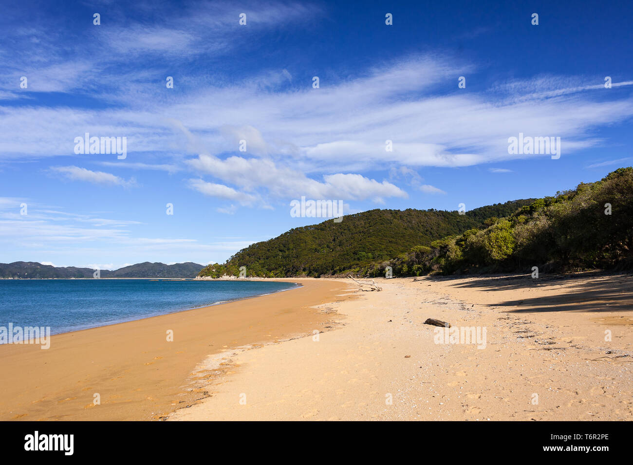 Sable doré, nuage bleu ciel. Totaranui beach est une plage de 1 km de long dans la région de Tasman Nouvelle Zélande Banque D'Images