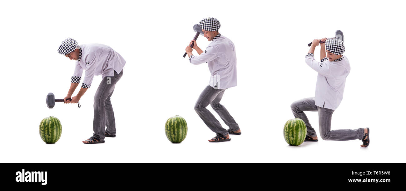 Young male cook avec watermelon isolated on white Banque D'Images