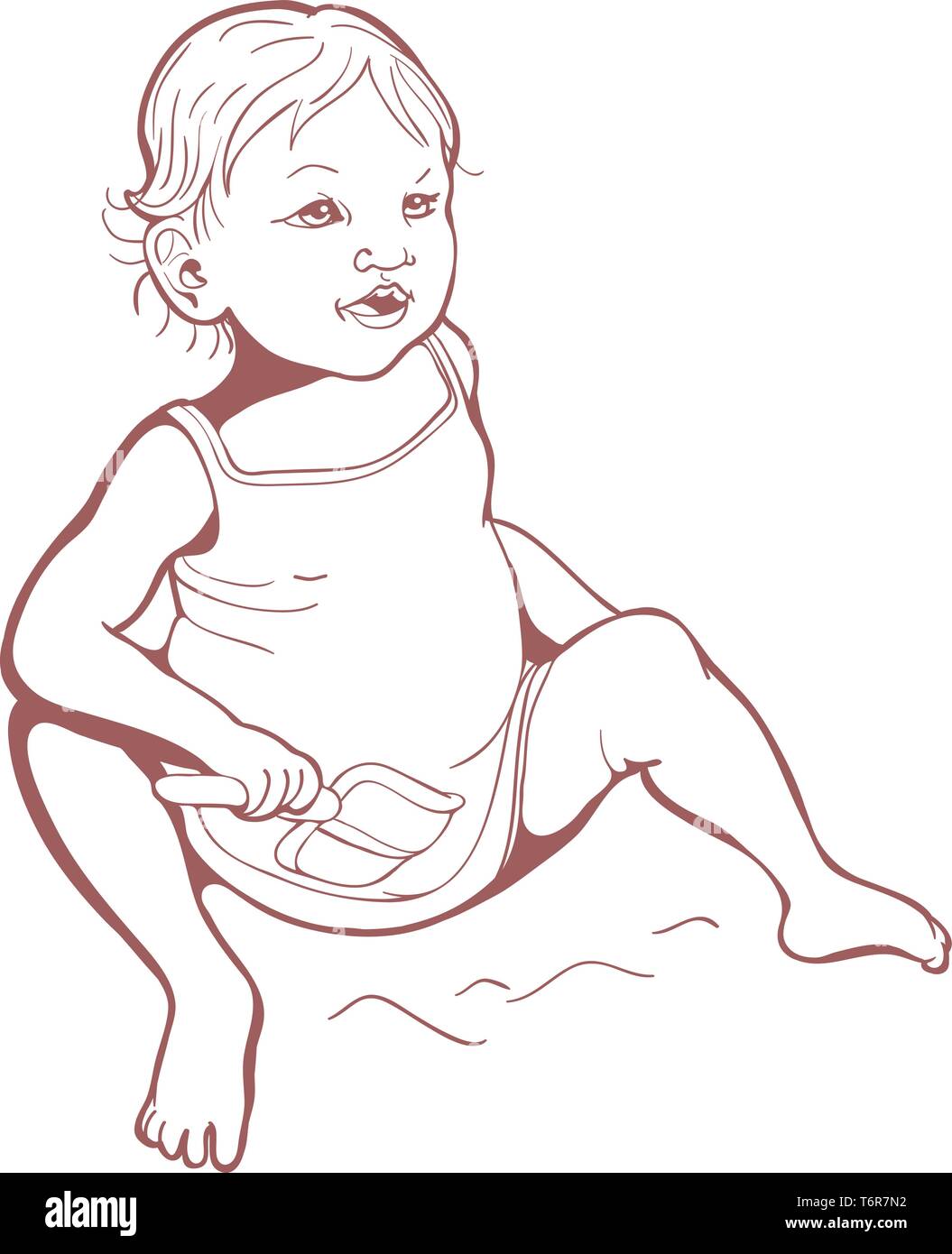 Un portrait of smiling baby d'environ un an isolé sur fond blanc. Gravures monochromes. Noir et blanc. Illustration de Vecteur