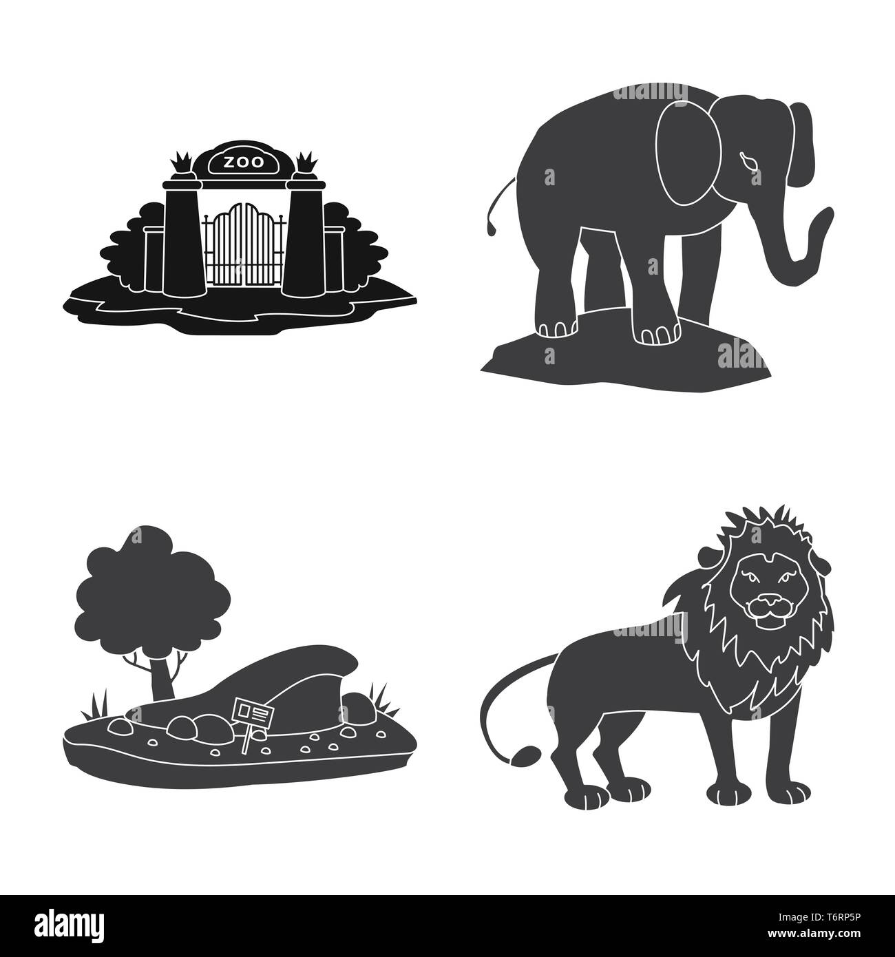 L'éléphant,porte,arbres,lion,mignon,brique,sable,creche,mur,jungle,monticule,Afrique,grass,mane,sortir,France,paysage,tête,ouvert,chemin,croissance fierté,landes,feuilles,mascot,palm,grands,animation,faune,parc,zoo,Safari,animal,nature,forêt,fun,flore,set,icône,,illustration,collection,isolé,design,graphisme,élément,signer,Black,de simples vecteurs vecteur , Illustration de Vecteur