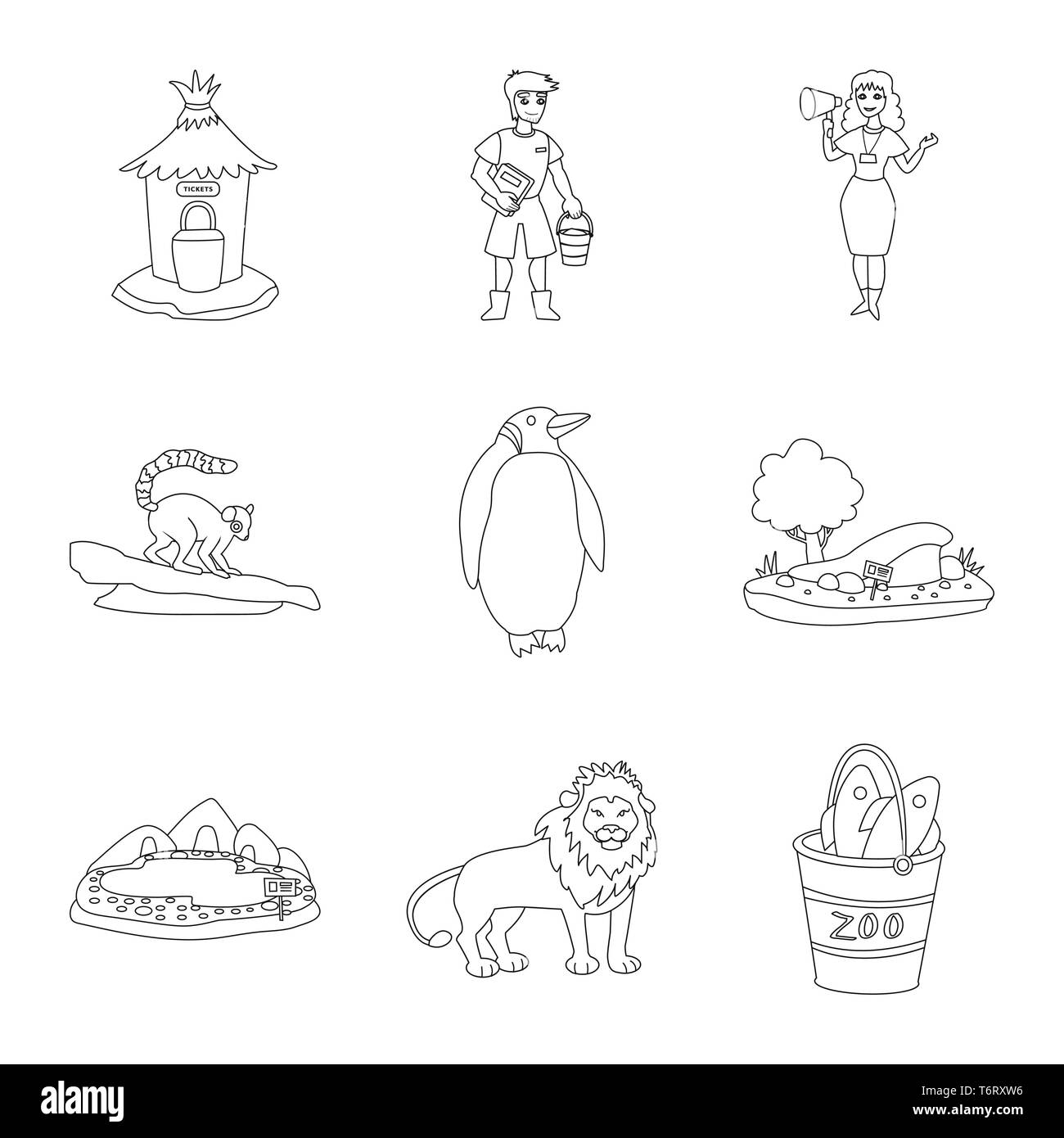 Zookeeper,fenêtre,lemur,penguin,arbres,lac,lion,compteur,benne,homme,femme,monkey,blanc,sable,piscine,mignon,poisson,stand,gardien,tropical,nord,monticule,pierre,jungle,le carassin,bureau,message,hiver,animation,zoo,parc safari,animal,nature,faune,flore,fun,set,icône,,illustration,collection,isolé,design,graphisme,élément signe,ligne,plan,vecteurs vecteur , Illustration de Vecteur