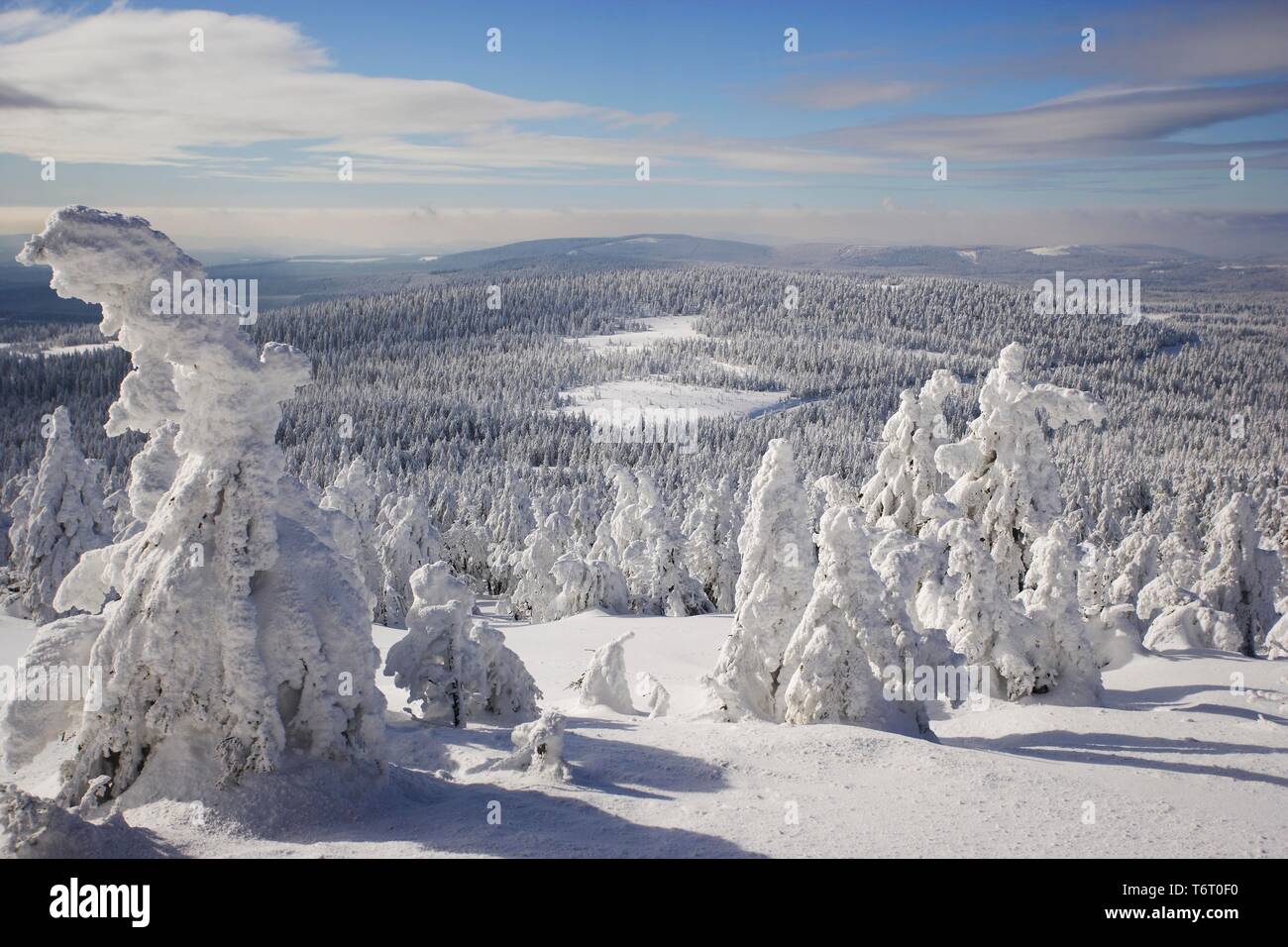 Vue depuis la montagne Brocken sur un paysage d'hiver profondément recouverte de neige, Saxe-Anhalt, Allemagne Banque D'Images