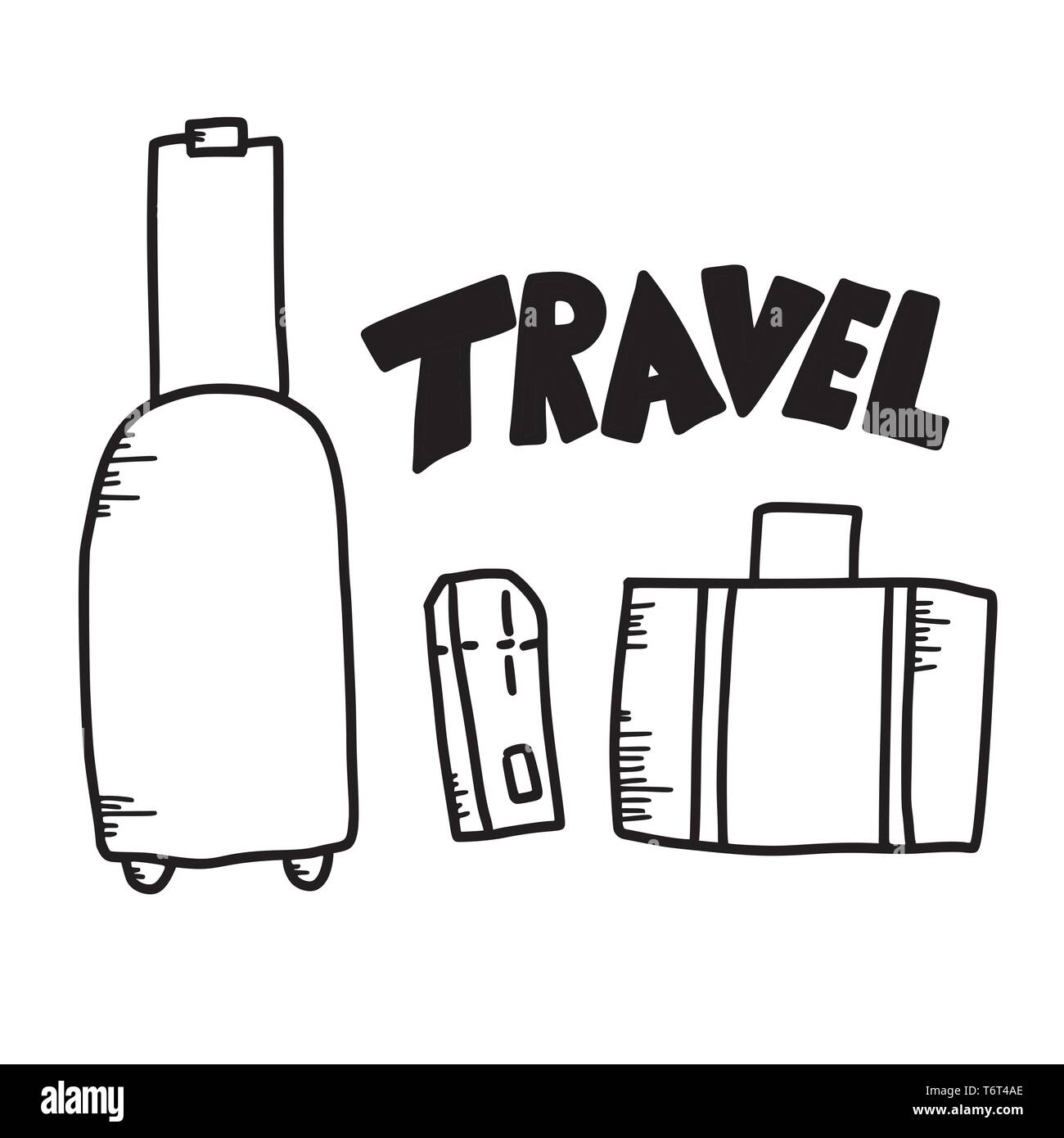 Ensemble de symboles voyage dans doodle style. Hand drawn vector éléments voyage isolé sur fond blanc. Assurance, étui, le billet et le lettrage. Un noir Illustration de Vecteur
