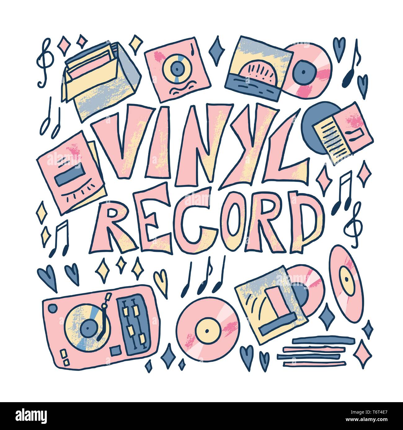 Concept de disque de vinyle. Texte avec les symboles musicaux. Vector illustration couleur. Illustration de Vecteur