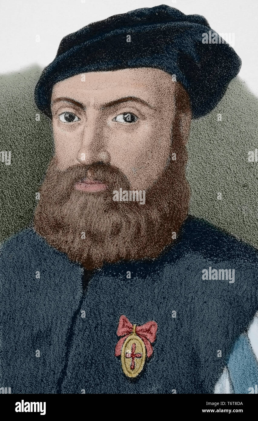 Ferdinand Magellan (1480-1521). Navigateur et explorateur portugais. Dessin de J. Cebrian. La lithographie. Portrait, détail. Plus tard la couleur. Cronica General de España, Historia Ilustrada Descriptiva y de sus Provincias. Andalousie, 1867. Banque D'Images