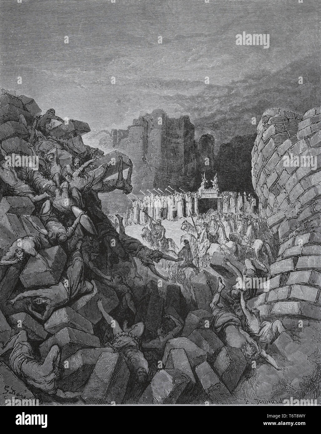 Israël détruit mur de Jéricho, avec l'arche de l'Alliance. Bible. G. Dore, 1866 Gravure Banque D'Images