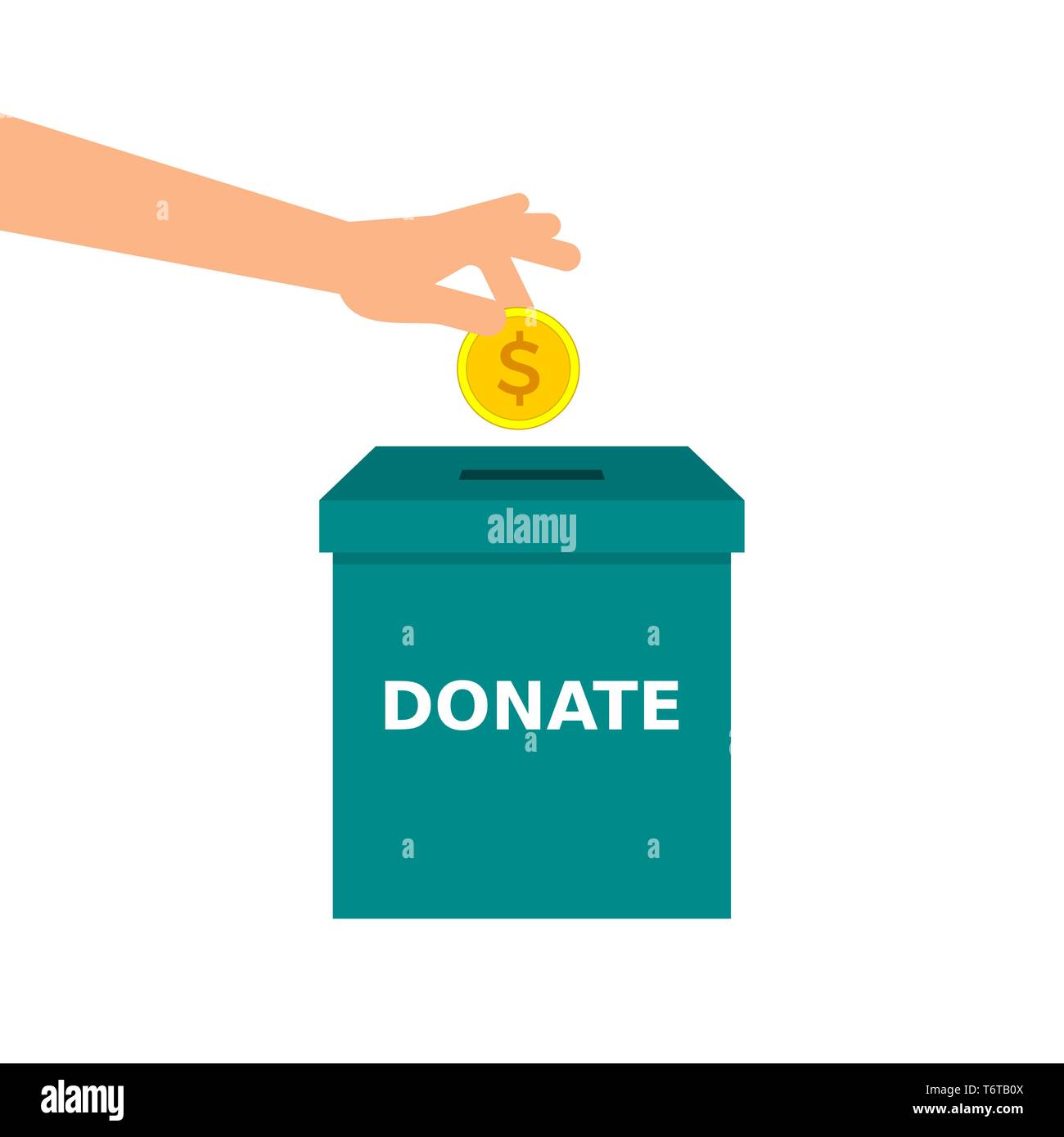 La main est de mettre une pièce dans boîte de donation. Faire un don message. Donner de l'argent, la charité, Helping Hands, concept. Le bras de l'homme pièce d'or insère dans une boîte. Vector Illustration de Vecteur