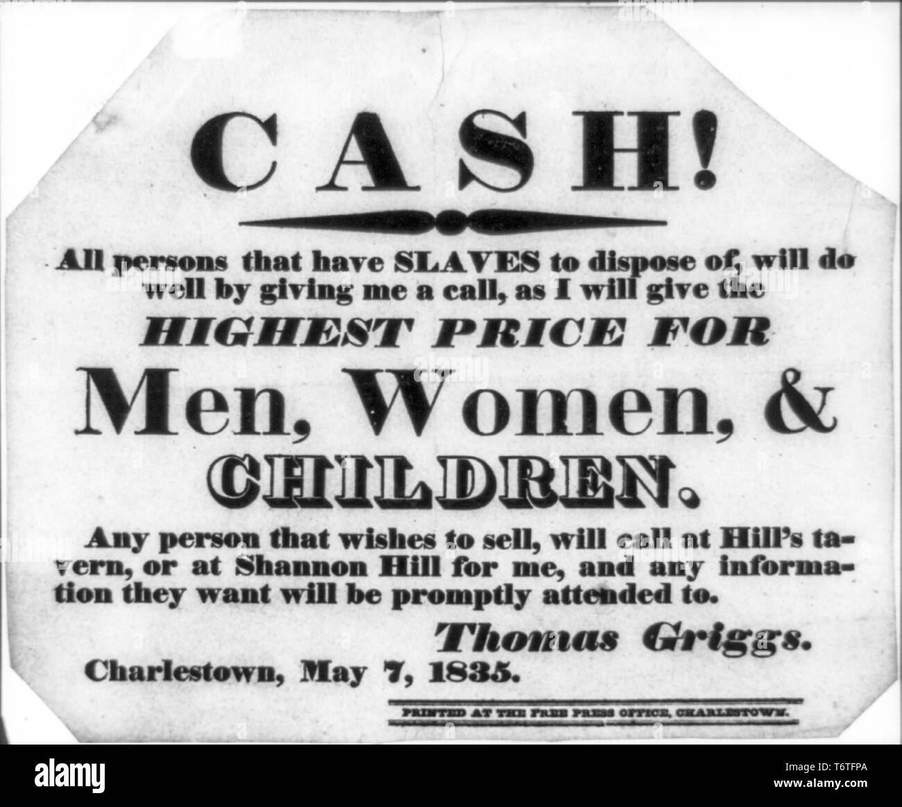 L'argent comptant ! Toutes les personne qui ont des esclaves pour disposer de, ... L'annonce d'achat d'esclaves par Thomas Griggs, Charlestown, 7 mai 1835 Banque D'Images