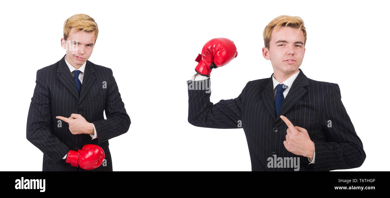 Jeune employé avec des gants de boxe isolated on white Banque D'Images