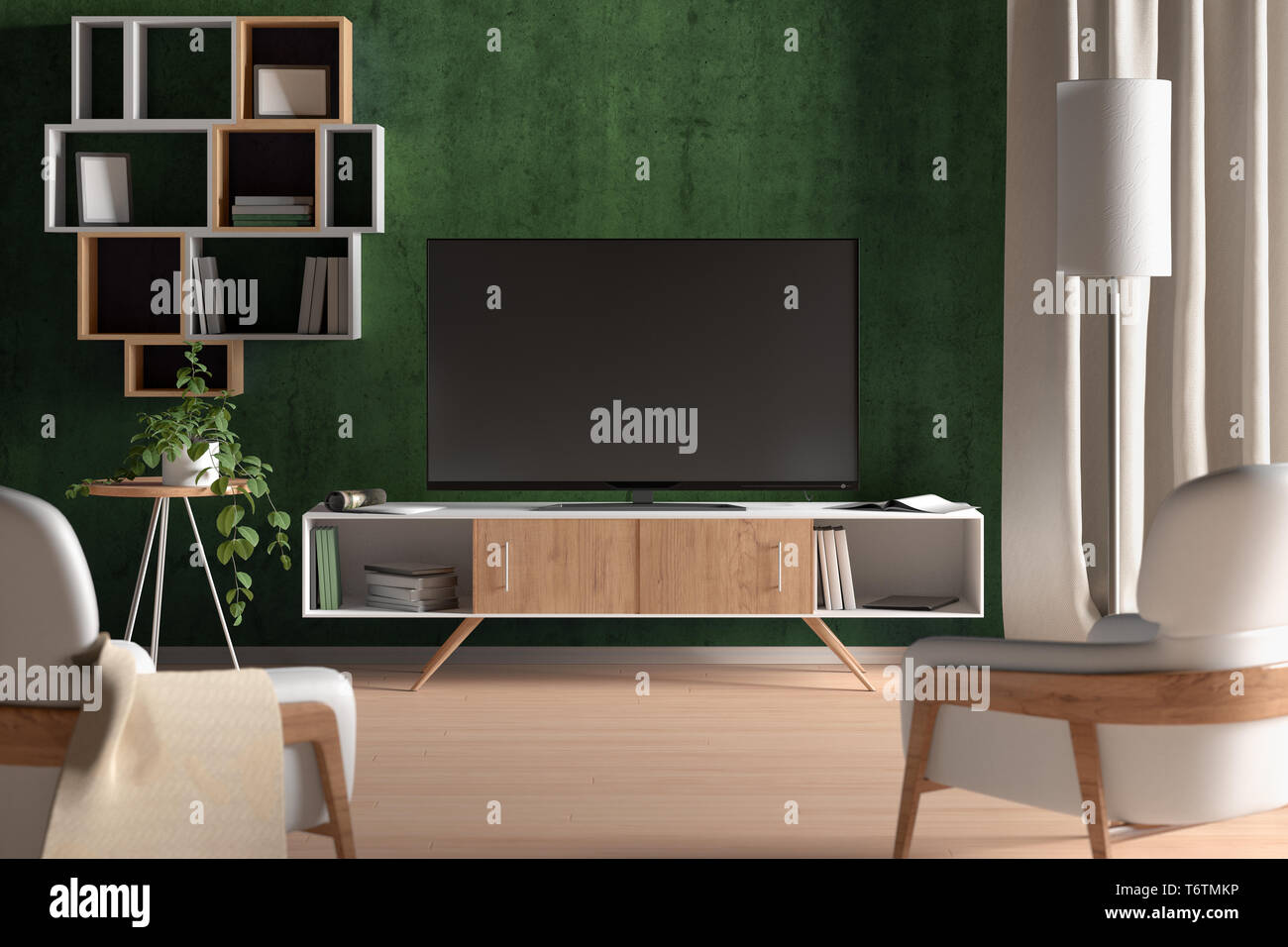 TV sur le meuble dans le salon moderne sur fond de mur vert Banque D'Images