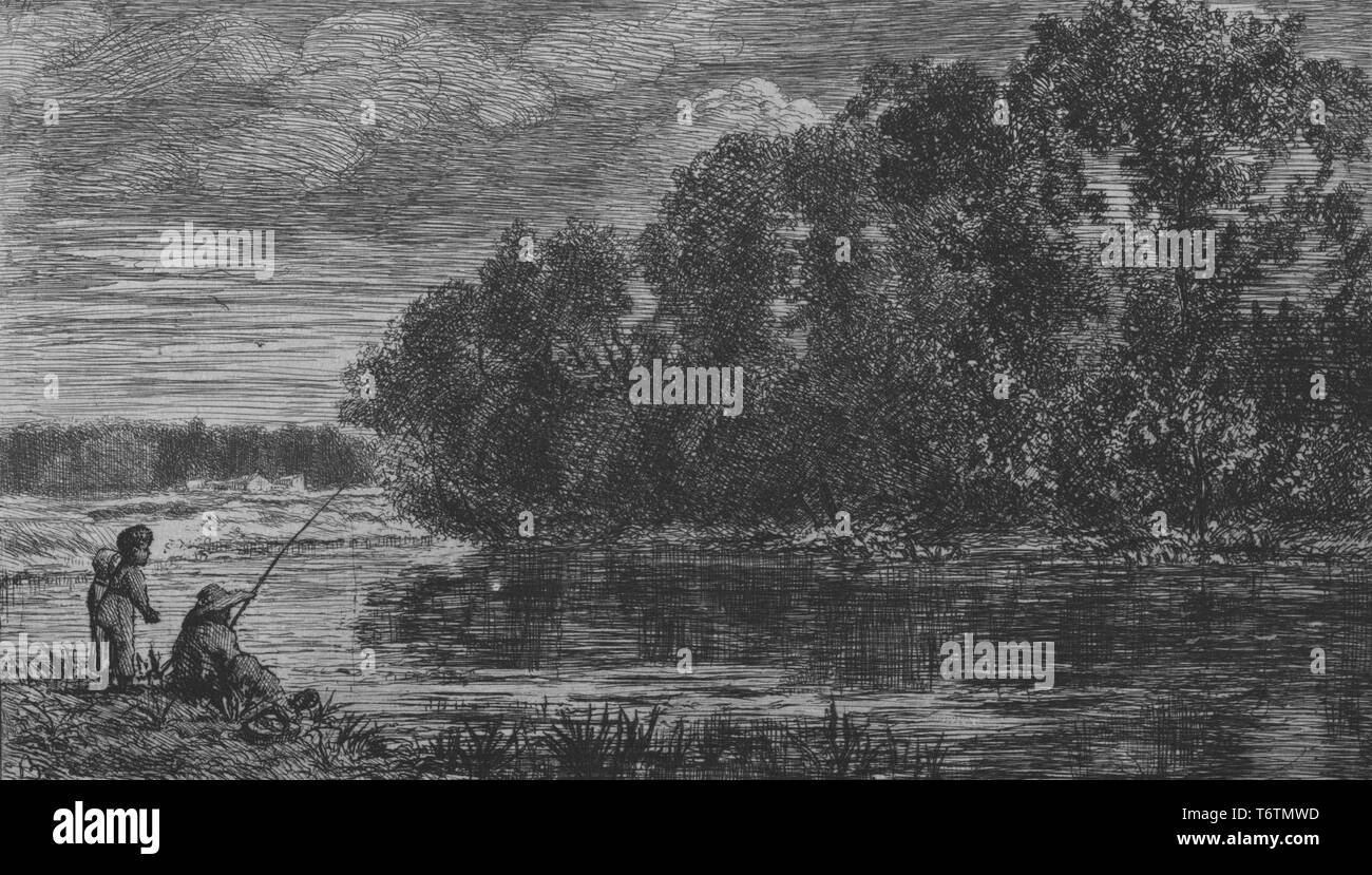 Gravure noir et blanc représentant une rivière ou un étang, d'arbres à la fois sur la rive opposée et dans la distance, et avec un pêcheur tenant un pôle assis sur la banque dans le coin supérieur gauche, avec deux enfants se tenant derrière lui, intitulé 'Le Pecheur et Les Deux Enfants' (le pêcheur et les deux enfants) ; signé par l'illustrateur Félix Bracquemond, 1867. À partir de la Bibliothèque publique de New York. () Banque D'Images