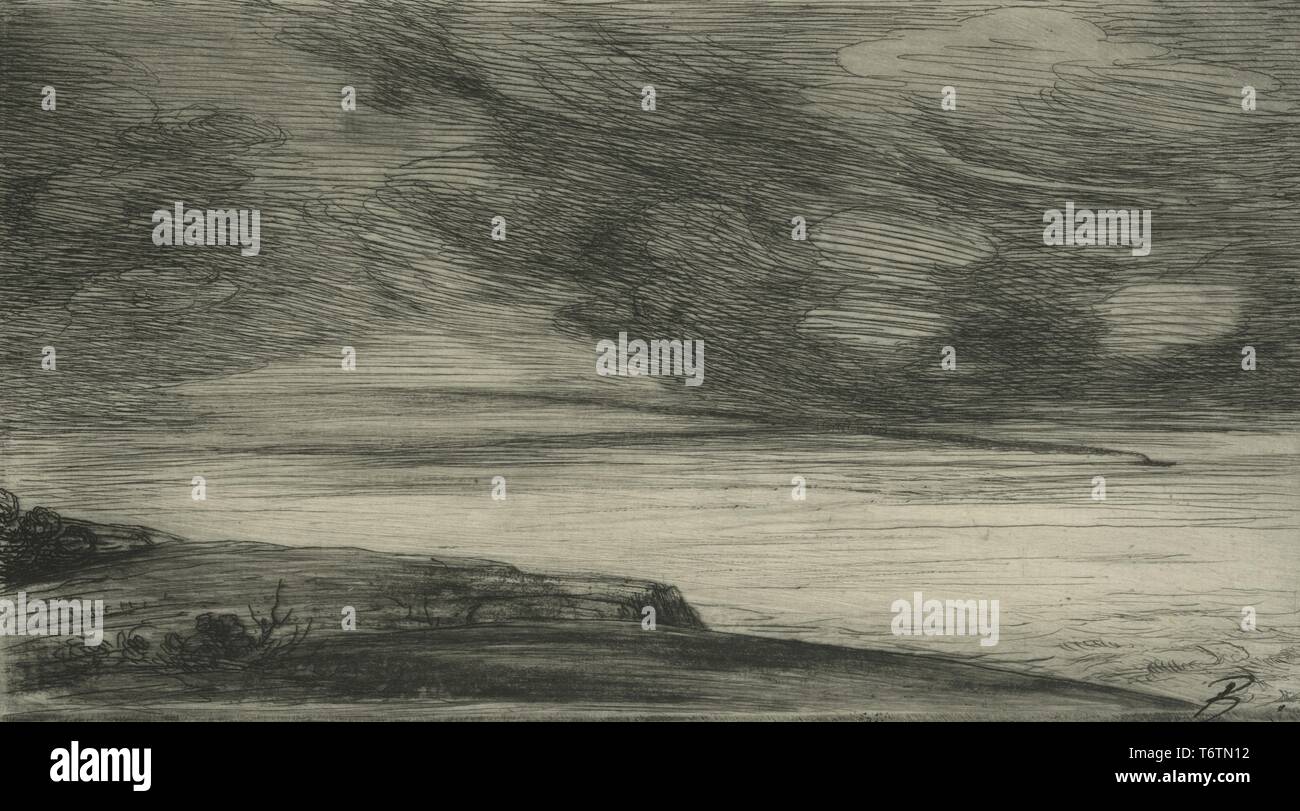Gravure noir et blanc représentant un paysage impressionniste, avec des nuages flottant au-dessus d'une falaise ; intitulé "Soirées impressionniste ou' (croquis impressionnistes), numérotées, par l'illustrateur Félix Bracquemond, 1867. À partir de la Bibliothèque publique de New York. () Banque D'Images