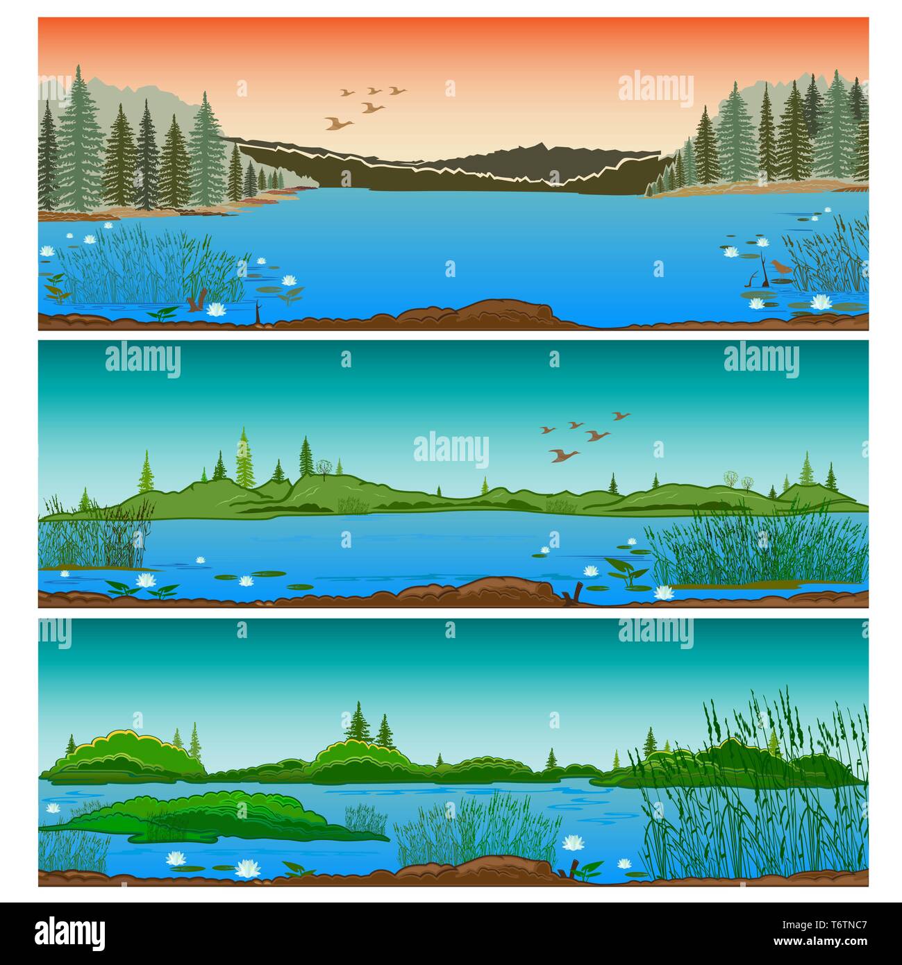 Trois paysages rivière horizontale avec Forest Hills et roseaux Illustration de Vecteur