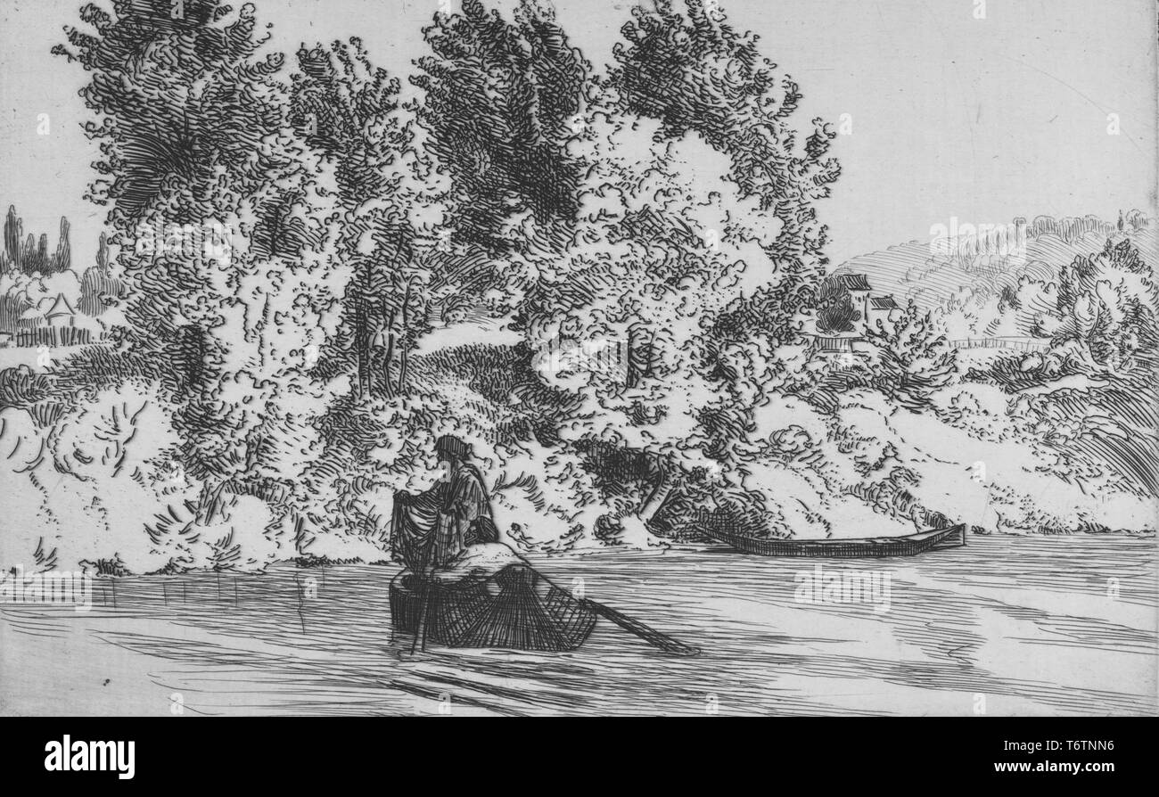 Gravure en noir et blanc, représentant une riverscape, avec deux pêcheurs dans une barque au premier plan, l'un debout et tenant un filet au-dessus de l'eau, avec un autre bateau amarré au bord d'une rive plantée d'arbres en arrière-plan ; intitulé 'Le pecheur a l'Epervier' (avec un filet de pêcheur), numérotés et signés, par l'illustrateur Félix Bracquemond, 1867. À partir de la Bibliothèque publique de New York. () Banque D'Images