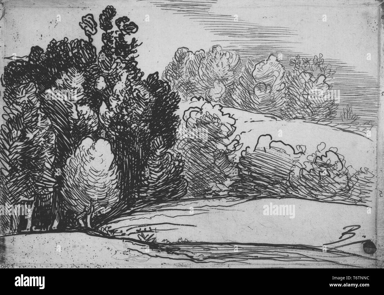 Gravure noir et blanc représentant une scène de paysage avec des collines interrompues par des parcelles de forêt, avec un peuplement dense de grands arbres dans le premier plan à gauche, intitulé 'Sur la gauche, un massif d'arbres..', 1867. (Sur la gauche, un arbre massif), paraphé et numérotés par l'illustrateur Félix Bracquemond. À partir de la Bibliothèque publique de New York. () Banque D'Images