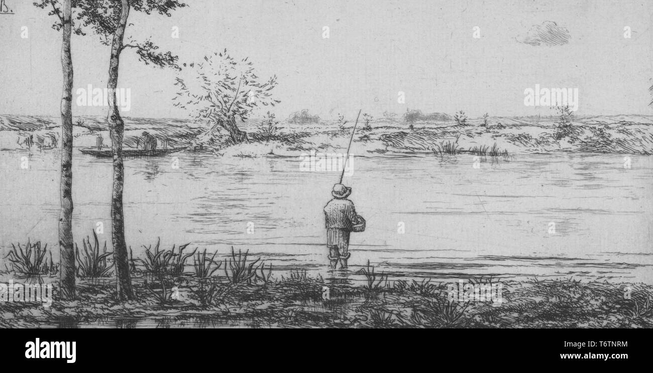 Gravure noir et blanc représentant un garçon, dos à l'afficheur, portant un chapeau, une veste et un pantalon à rayures, enroulé dans les jambes, du genou profondément dans l'eau d'une rivière ou un lac, tenant un panier dans une main et une canne à pêche dans l'autre, avec une paire de troncs d'arbres visibles dans le premier plan à gauche et les rives de la rive opposée à l'arrière-plan, intitulé 'Le petit pecheur a la ligne' (le petit pêcheur), numérotés, par l'illustrateur Félix Bracquemond, 1854. À partir de la Bibliothèque publique de New York. () Banque D'Images