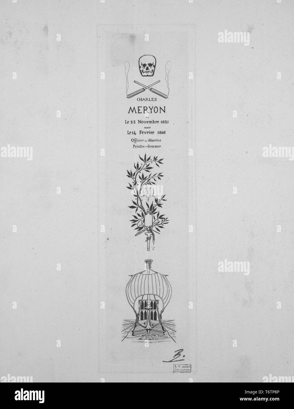 Gravure noir et blanc représentant une plaque pour le tombeau de collègues français Artiste, Charles Meryon, dans un format vertical, avec un crâne et traversé les outils de gravure (éventuellement une echoppe ou cônes d'abeille), un texte, et un élément foliée bow-Vue de face d'un grand voilier ; titre de la plaque "tombeau de Meryon" (plaque de la tombe de Meryon) ; coté et paraphé, par l'illustrateur Félix Bracquemond, 1867. À partir de la Bibliothèque publique de New York. () Banque D'Images