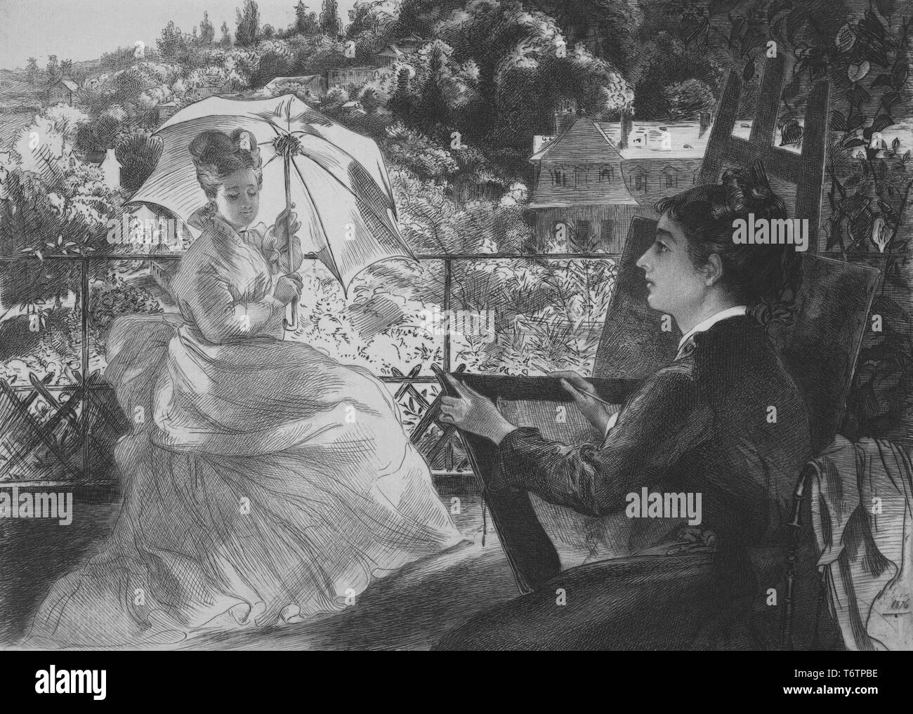 Gravure noir et blanc représentant deux femmes, portant des robes victoriennes, assis sur une terrasse, d'un chevalet, et maisons sur une pente couverte d'arbres en arrière-plan ; la femme à gauche, en arrière-plan est titulaire d'un parapluie et pose comme absolus la femme à droite au premier plan lève les yeux vers elle à partir d'une toile qu'elle tient en équilibre sur ses genoux ; intitulé "La terrasse de la Villa Brancas' (la terrasse de la Villa Brancas), numérotés et signés par l'illustrateur Félix Bracquemond, 1867. À partir de la Bibliothèque publique de New York. () Banque D'Images