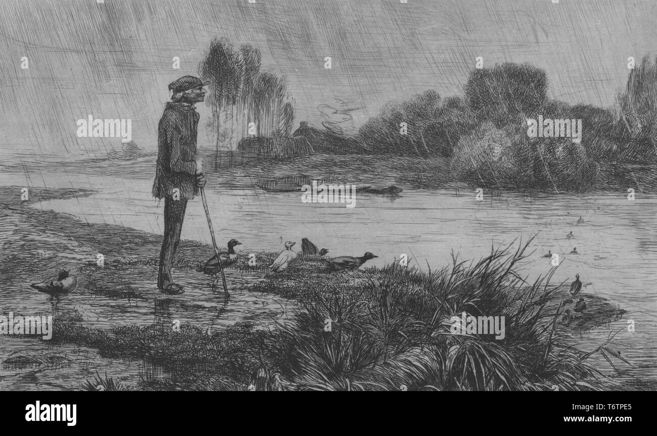 Gravure en noir et blanc, représentant une rivière sinueuse sur un jour de pluie, avec un petit homme mûr, portant une casquette et une veste et se pencher en avant sur une canne, alors qu'il se tenait de profil entouré de canards, sur la berge détrempée dans l'avant-plan, et avec des arbres et arbustes visible sur la rive opposée ; intitulé 'Les canards l'ont bien passee' (les Canards l'a bien fait), numérotées, avec une barre de notation musicale sous l'image, par l'illustrateur Félix Bracquemond, 1867. À partir de la Bibliothèque publique de New York. () Banque D'Images