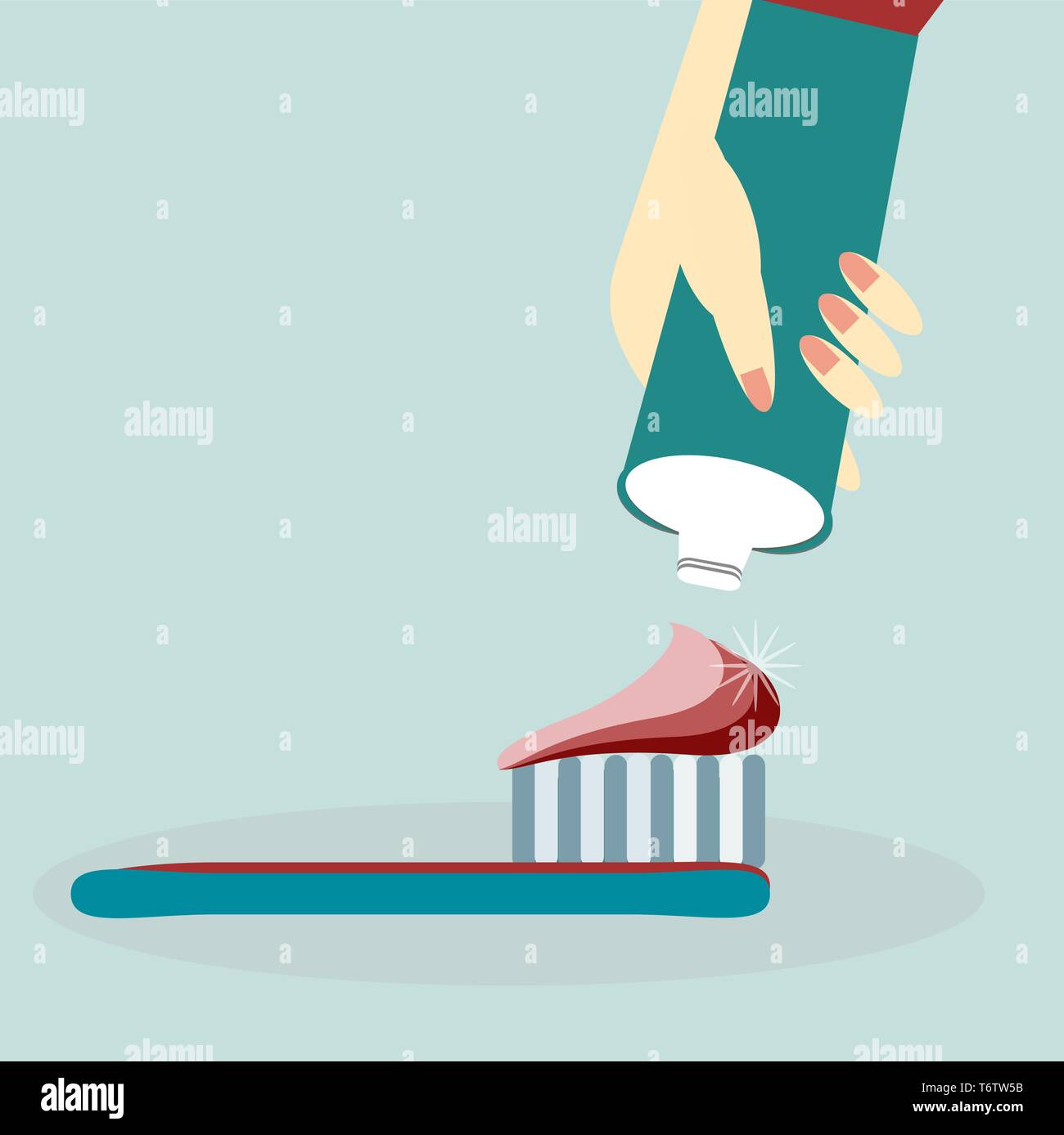 Vector illustration of a human hand holding d'un tube de dentifrice et brosse à dents multicolores sur fond bleu pour la publicité et l'art dentaire dentis Illustration de Vecteur