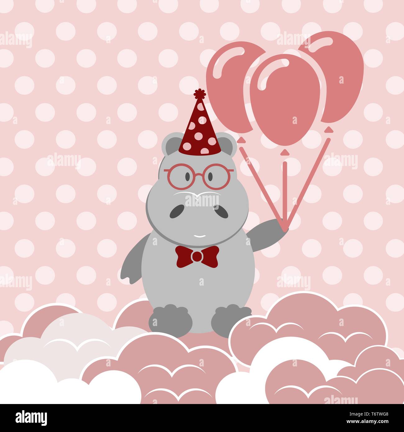 Belle carte de vœux pour le dessin d'anniversaire ou de la Saint-Valentin avec l'animal hippopotame gris avec un arc et des PAC et des ballons dans le Illustration de Vecteur