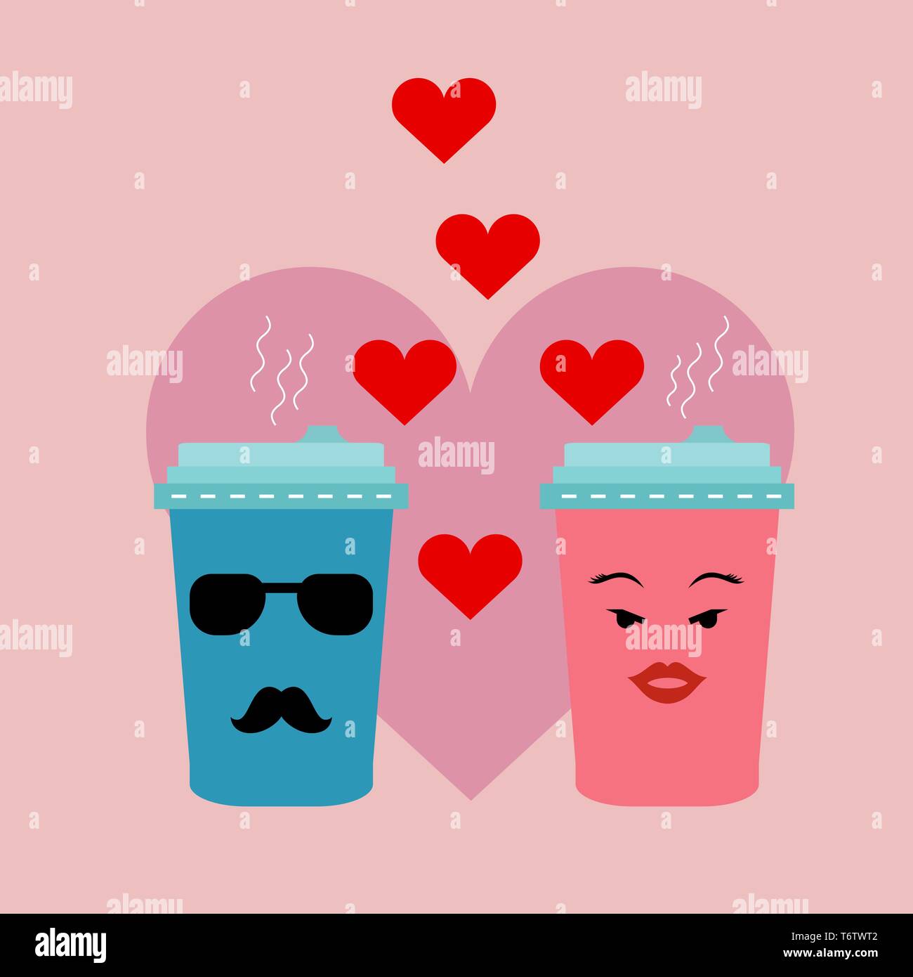 Vector cartoon tasses amoureux d'émotions de bleu et rose avec un cappuccino de boire du café avec des moustaches et des lèvres avec des lunettes et des cœurs pour Valentin Illustration de Vecteur