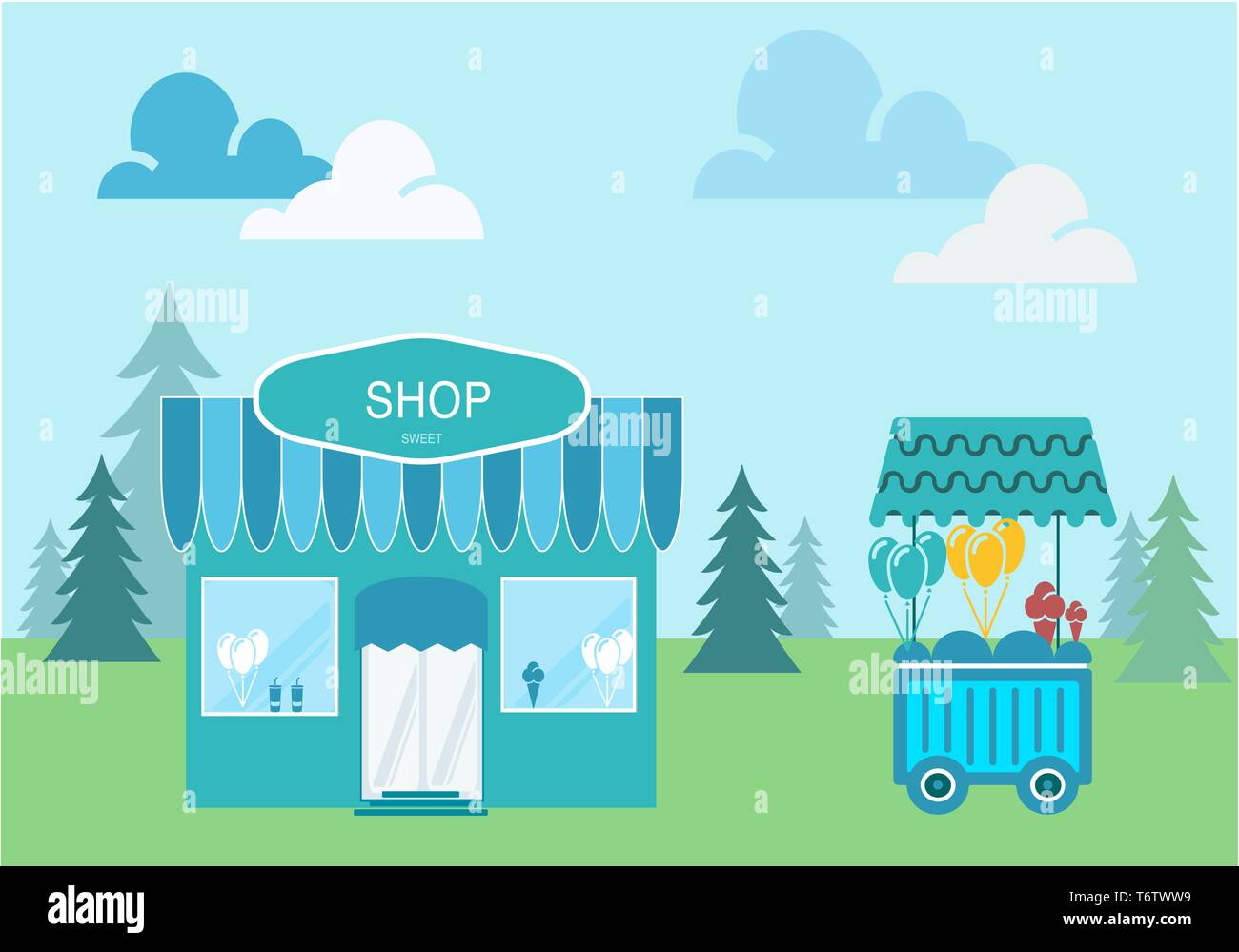 Vector Construction d'une maison magasin avec un signe de bonbons et de cuisson vert sur la rue avec des arbres et d'un van avec de la crème glacée et des ballons sur la nature avec tree Illustration de Vecteur