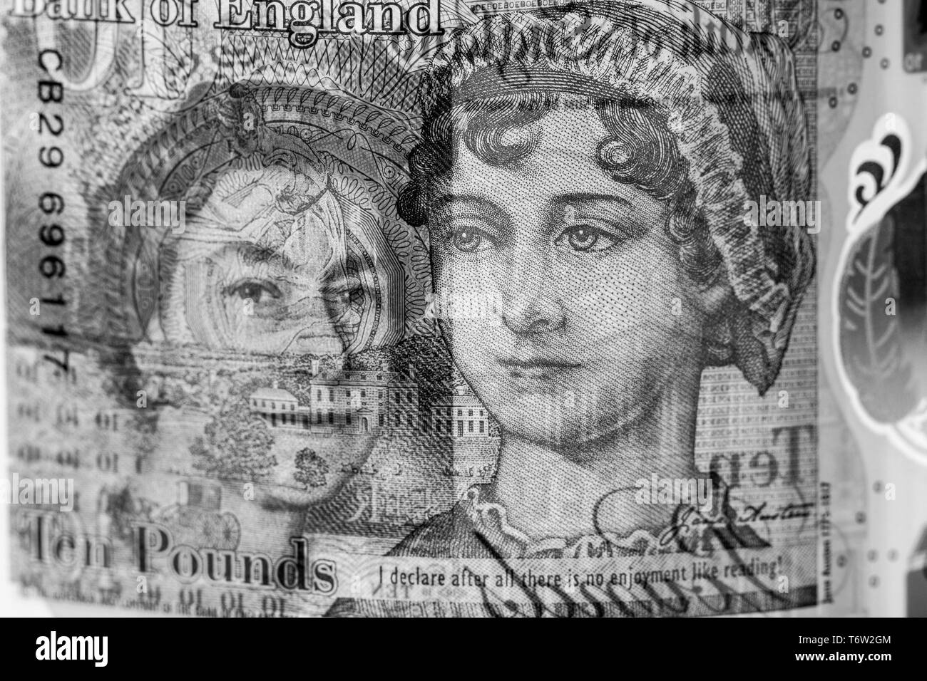 Close-up, macro photo de morceau de billet de 10 €. 10 livres sterling. Banque D'Images