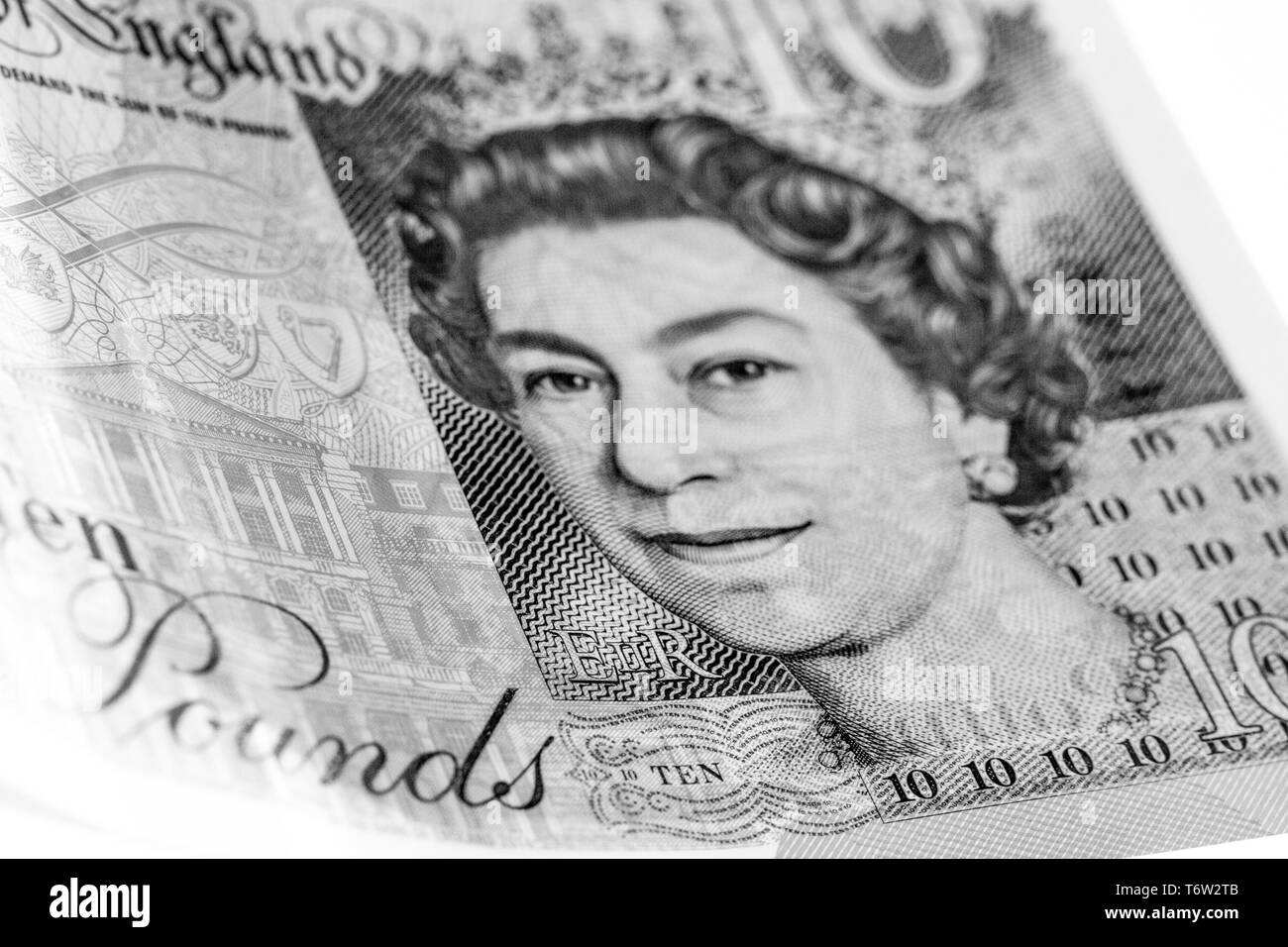 Close-up, macro photo de morceau de billet de 10 €. 10 livres sterling. Banque D'Images