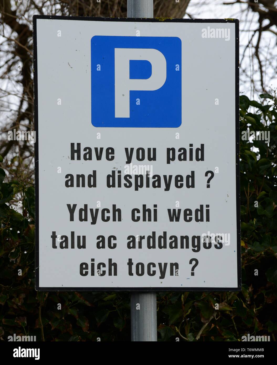 Payer Bi-lingue et parking d'affichage en anglais et gallois signe Banque D'Images