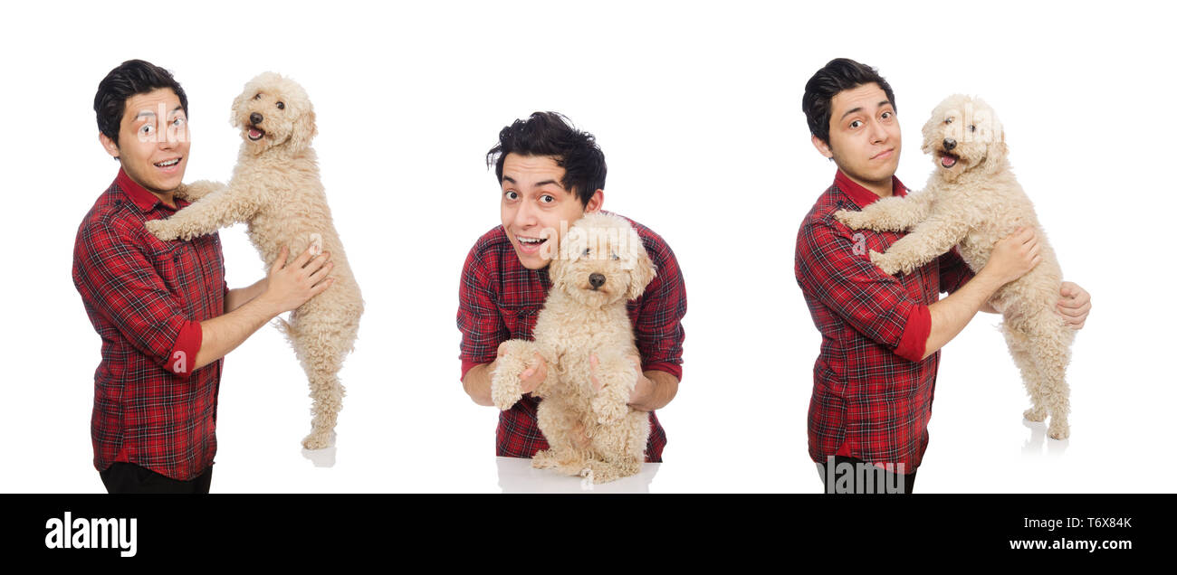 Jeune homme avec chien isolated on white Banque D'Images