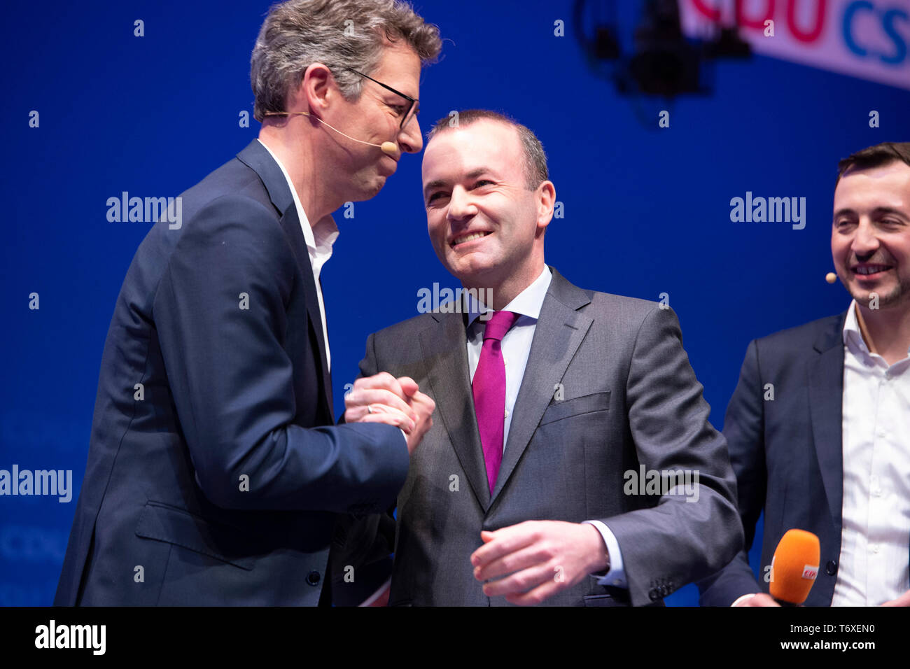 Manfred WEBER, principal candidat du PPE, Président du groupe PPE au Parlement européen, Markus BLUME, secrétaire général de la CSU, prélude à la campagne pour les élections européennes de CDU et CSU, Halle Muensterland à Muenster sur 27.04.2019, dans le monde d'utilisation | Banque D'Images