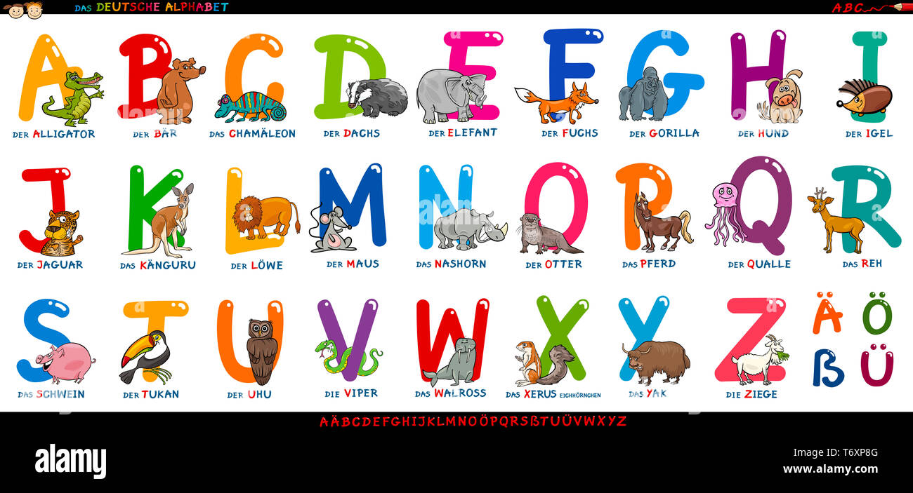 L'alphabet allemand avec cartoon set animaux Banque D'Images