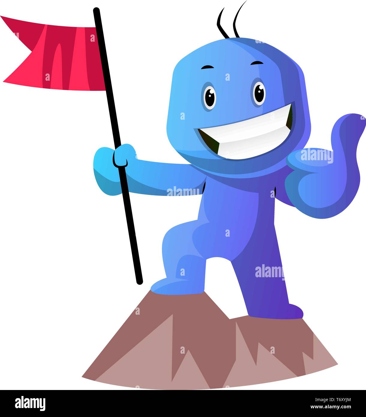 Caractère de dessin animé bleu sur une montagne avec un drapeau vecteur illustration sur fond blanc Illustration de Vecteur