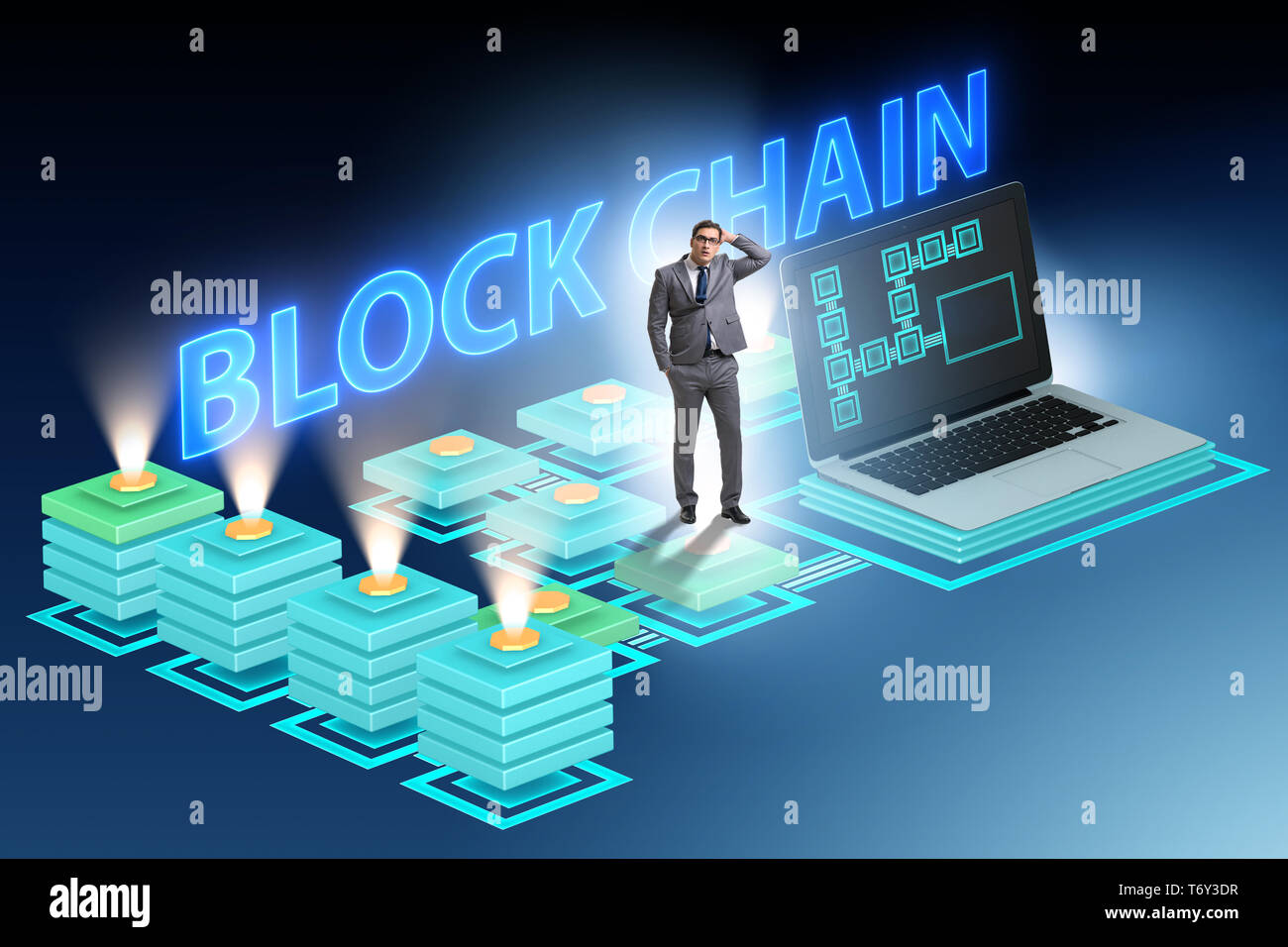 L'employé à propos de concept blockchain confus Banque D'Images