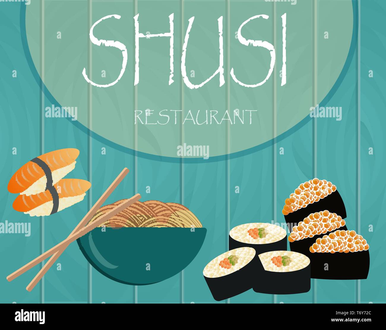 Images vectorielles avec national food japonais avec sushi avec le poisson et le riz et les nouilles avec des baguettes pour la publicité sur le menu restaurant blu turquoise Illustration de Vecteur