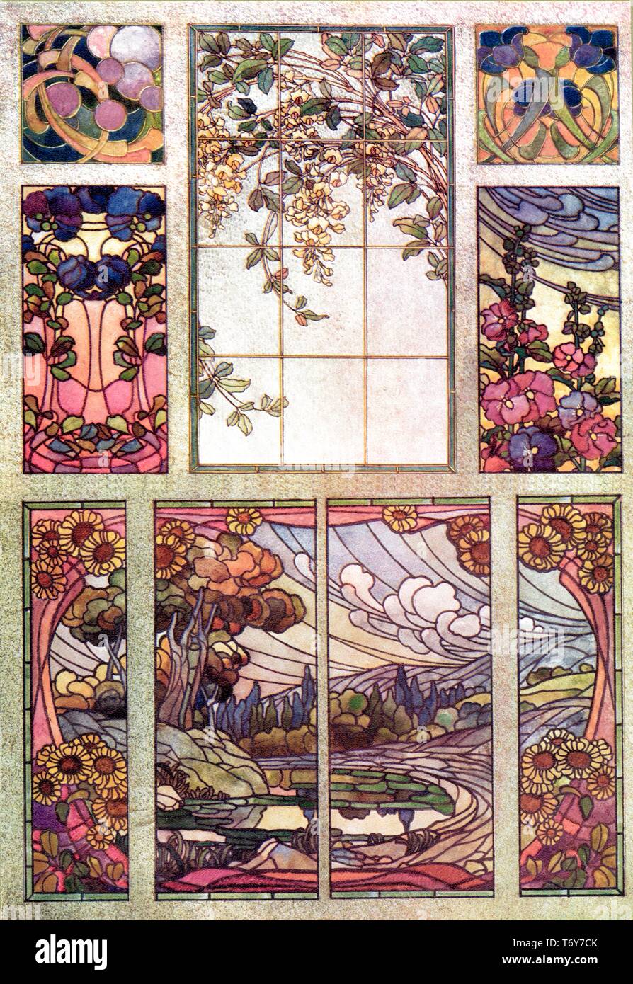 Vitraux, 6 modèles : Floral, Paysage, Abstrait - L'Art Nouveau vintage illustration par Vitraux modernes 1905 Banque D'Images